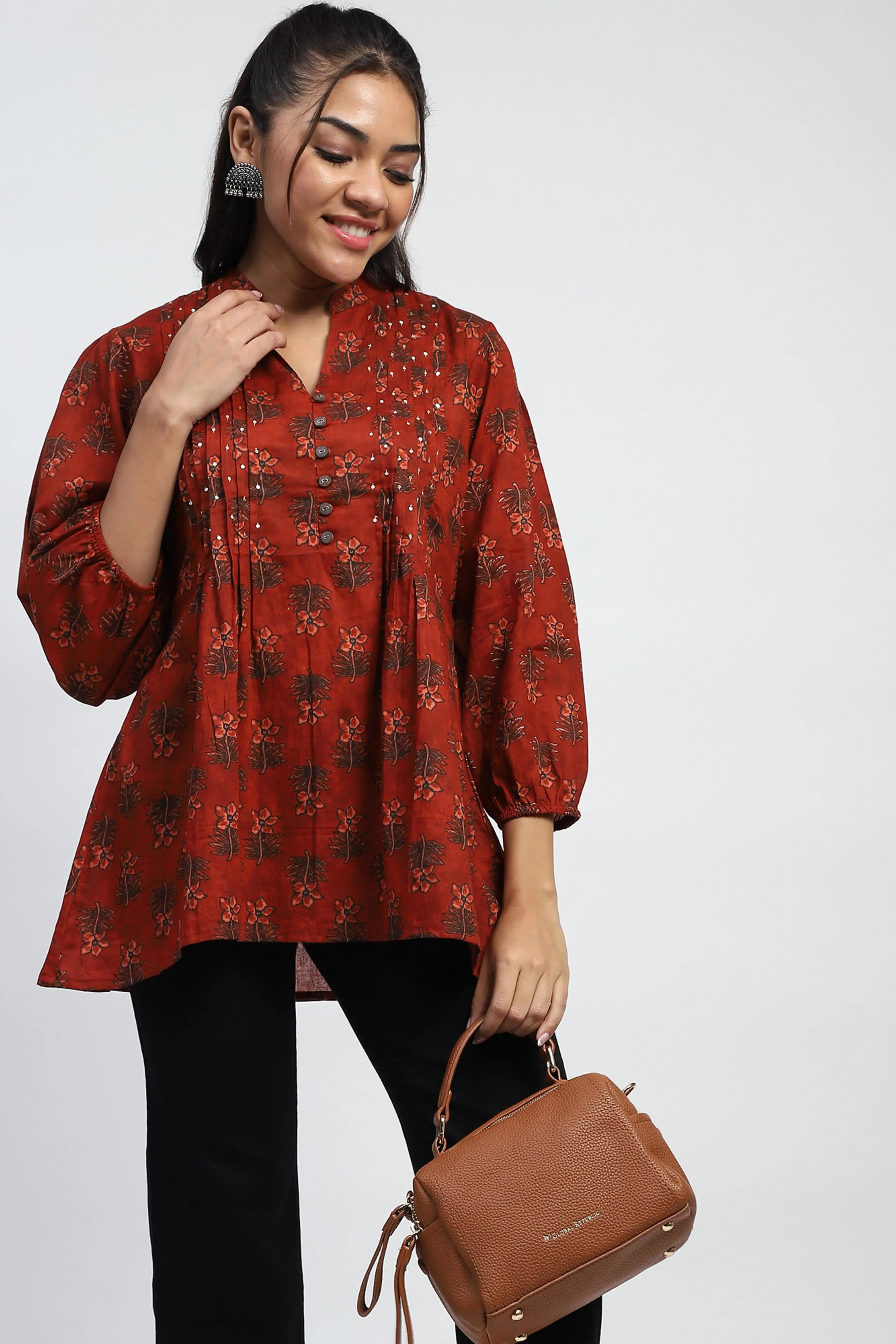 Rust  Floral Print Cotton Tunic - Global Republic