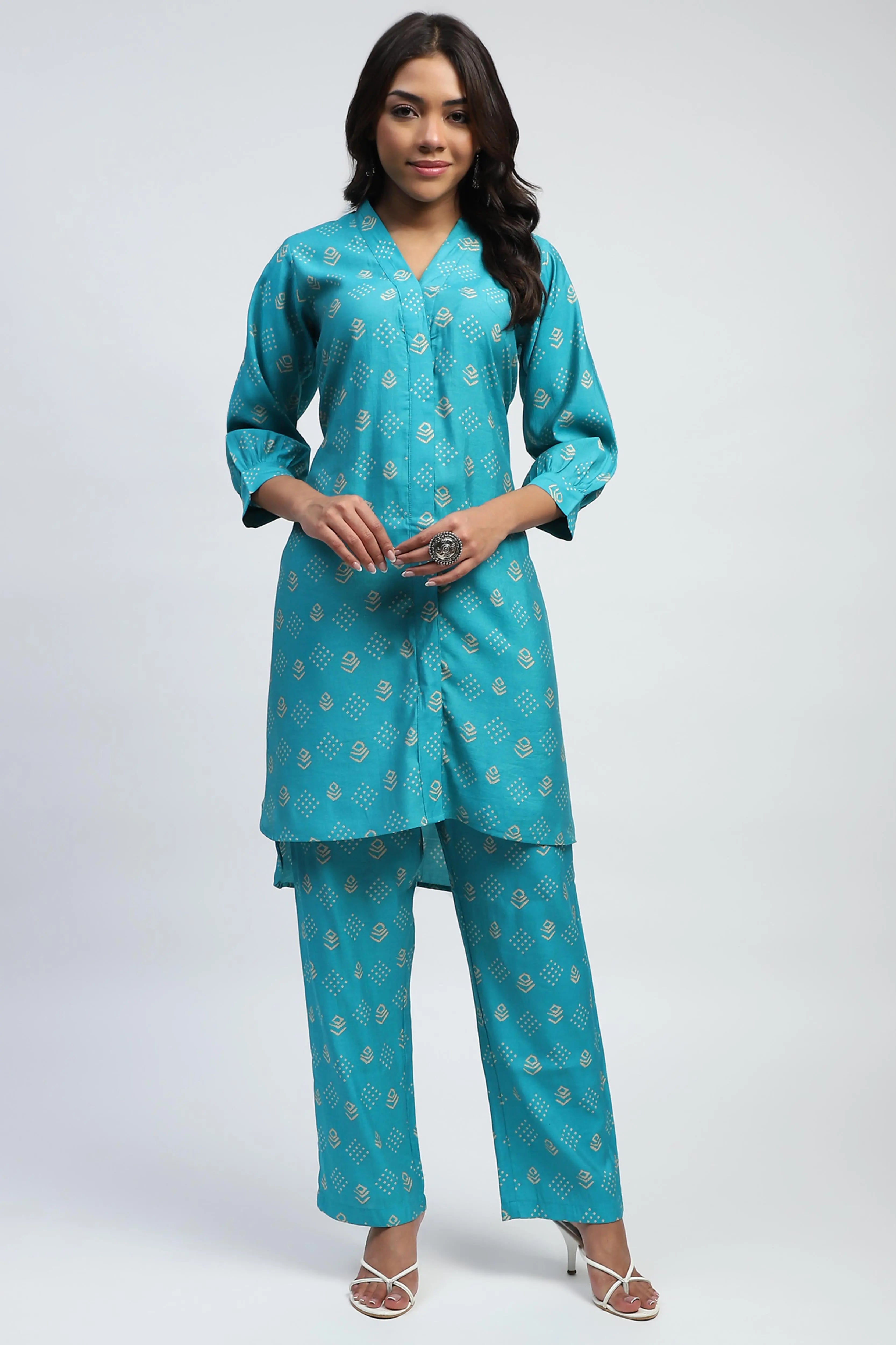 Blue Bandhani Print Cotton Kurta Set - Global Republic