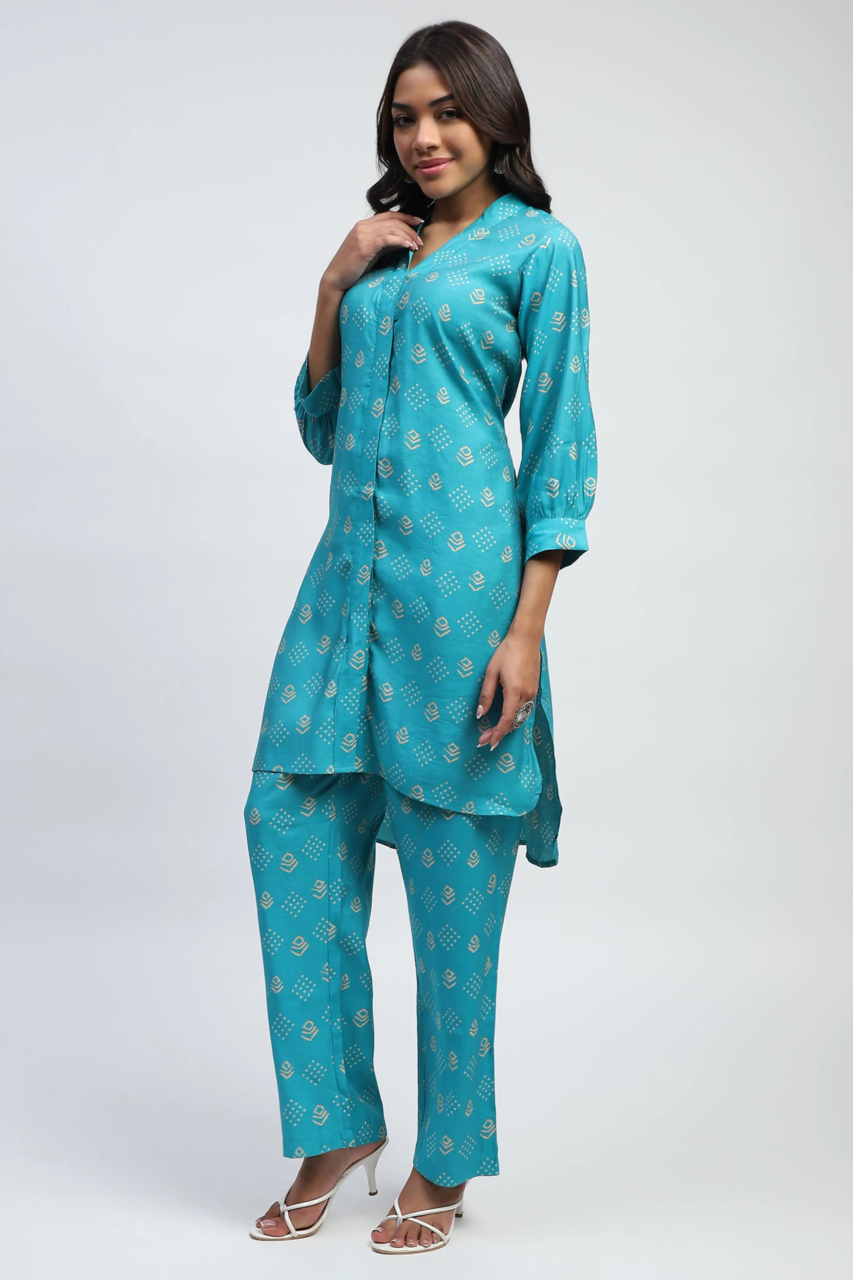 Blue Bandhani Print Cotton Kurta Set - Global Republic