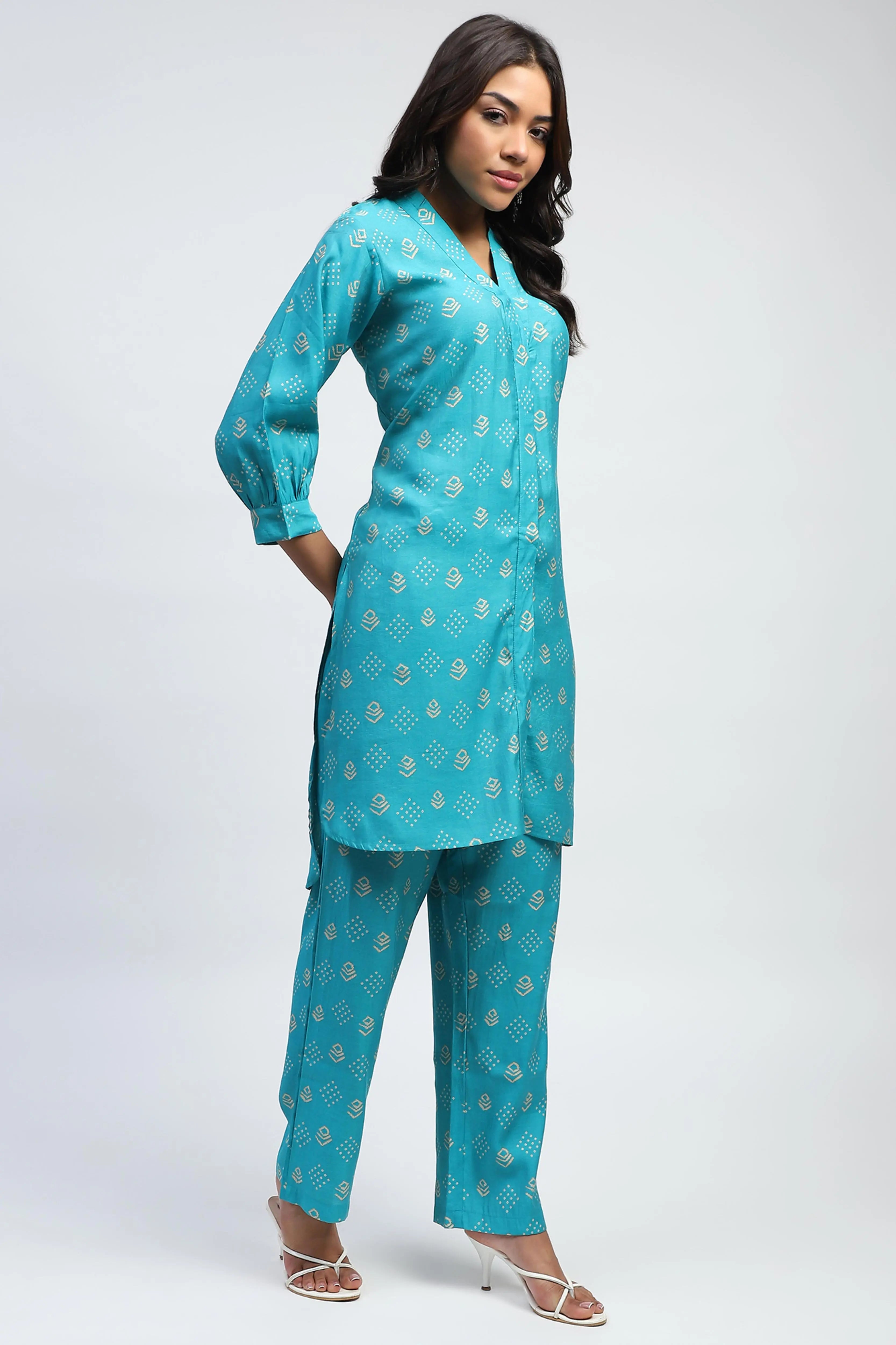 Blue Bandhani Print Cotton Kurta Set - Global Republic