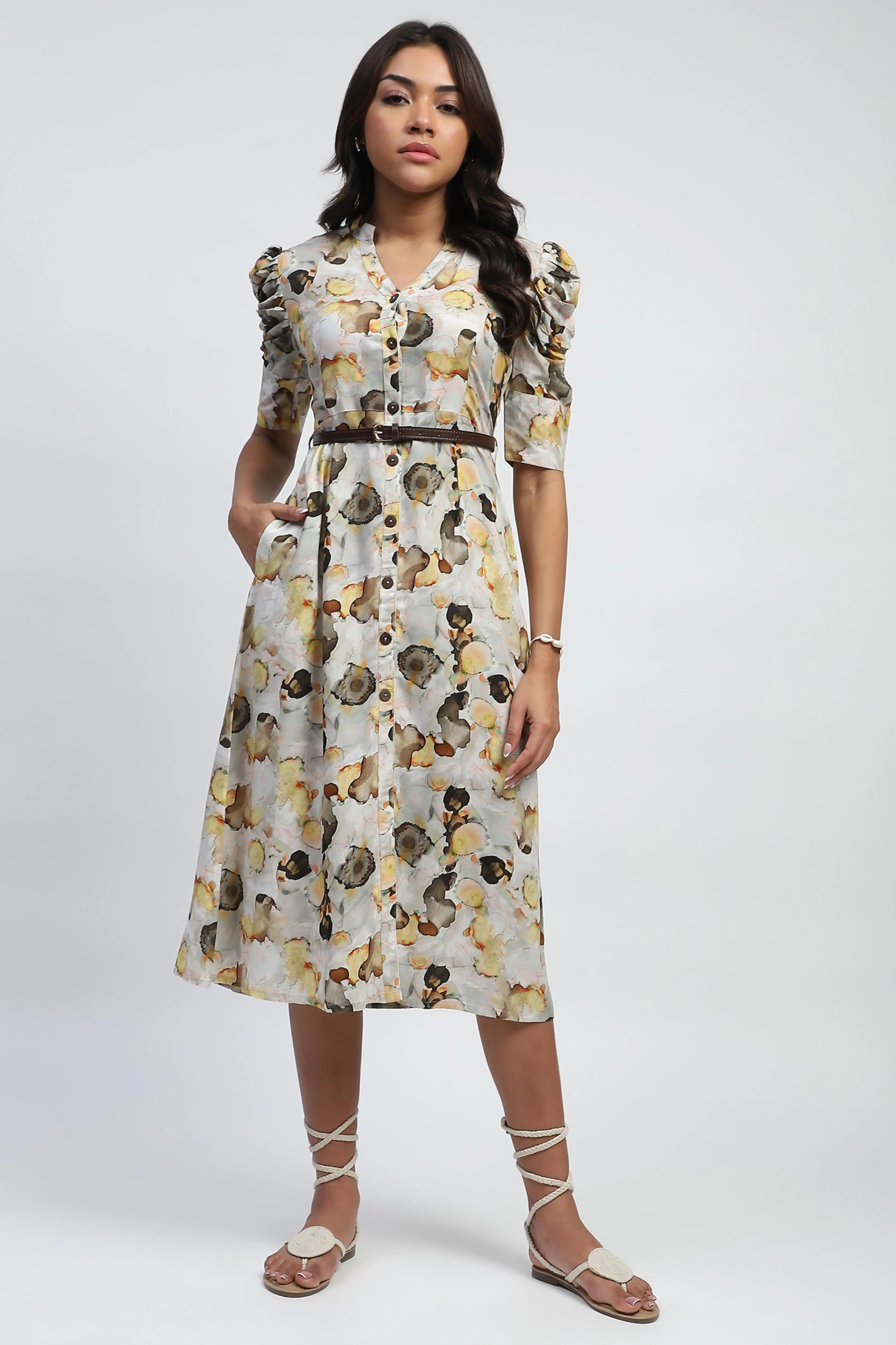 Yellow Digital Print Modal Rayon Dress - Global Republic