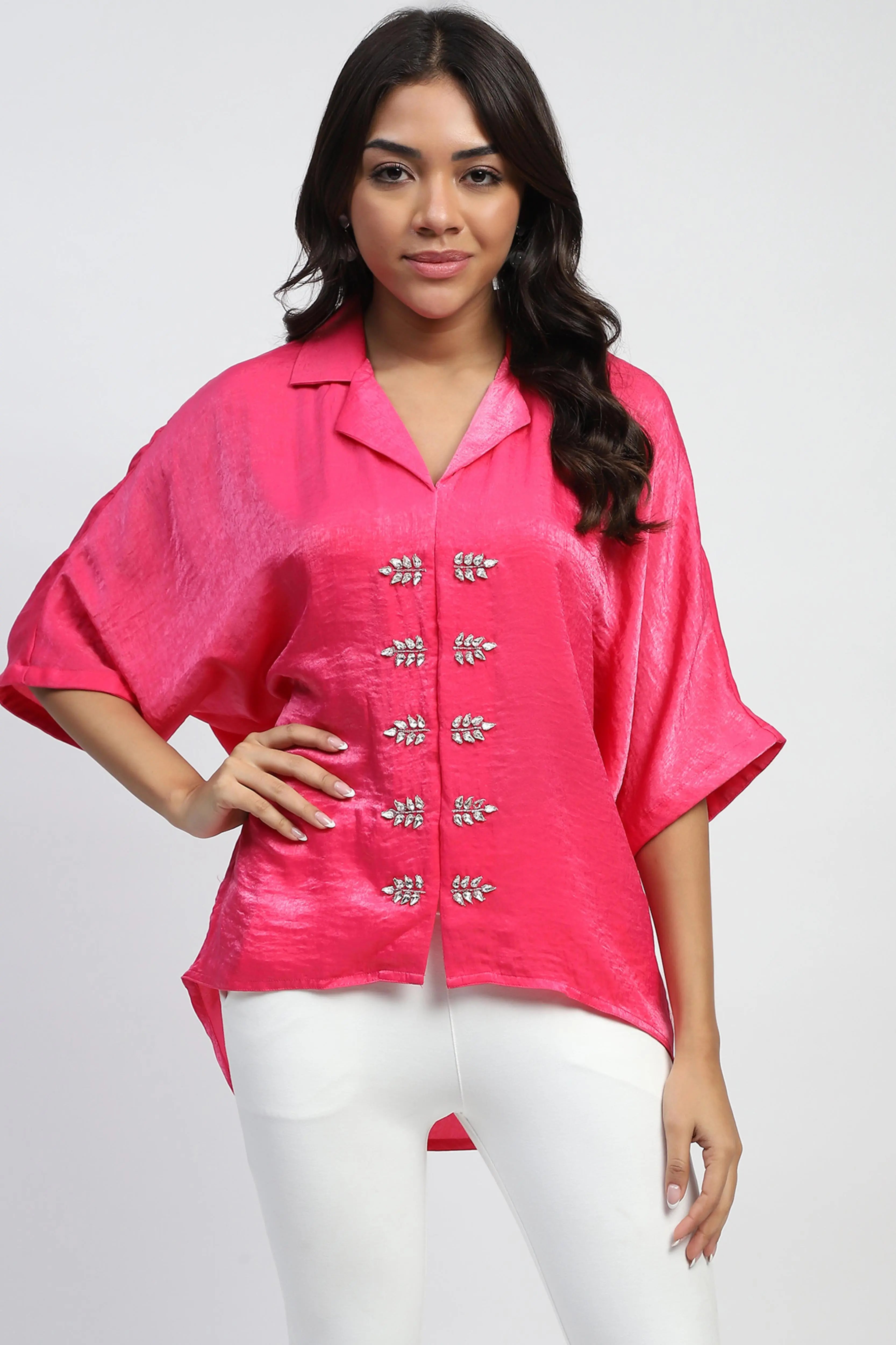 Pink Stone Embellished Satin Oversized Top - Global Republic