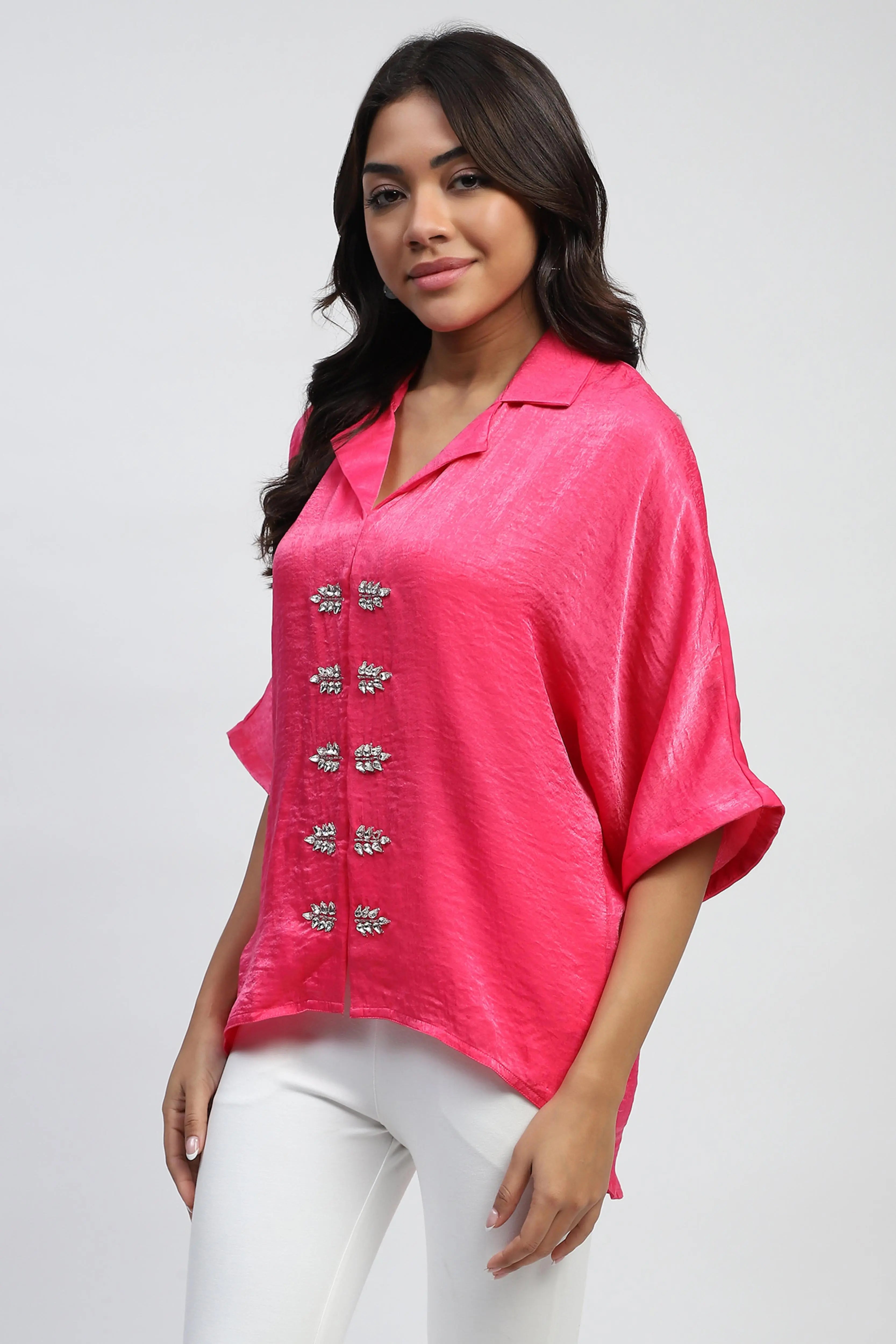 Pink Stone Embellished Satin Oversized Top - Global Republic