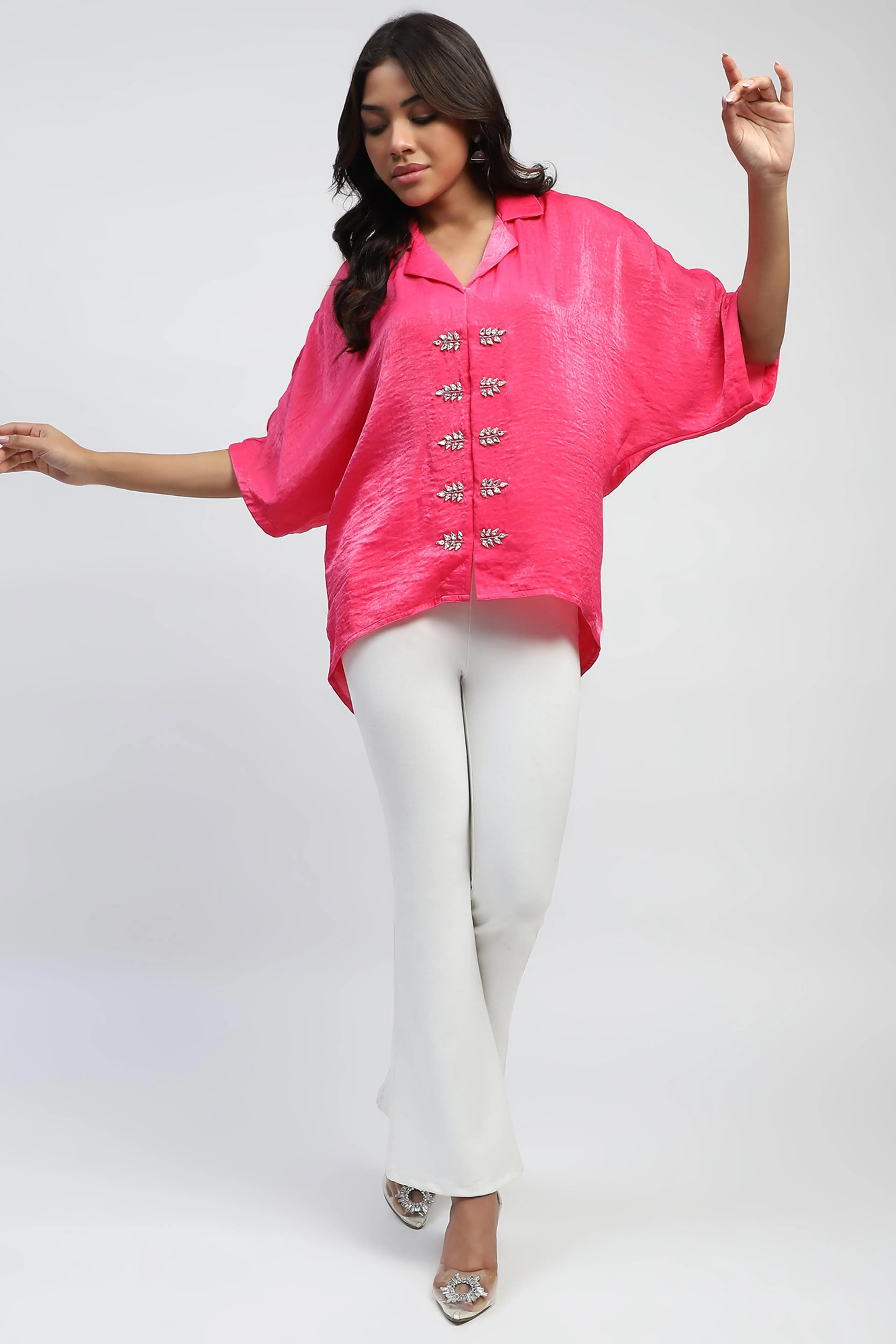 Pink Stone Embellished Satin Oversized Top - Global Republic