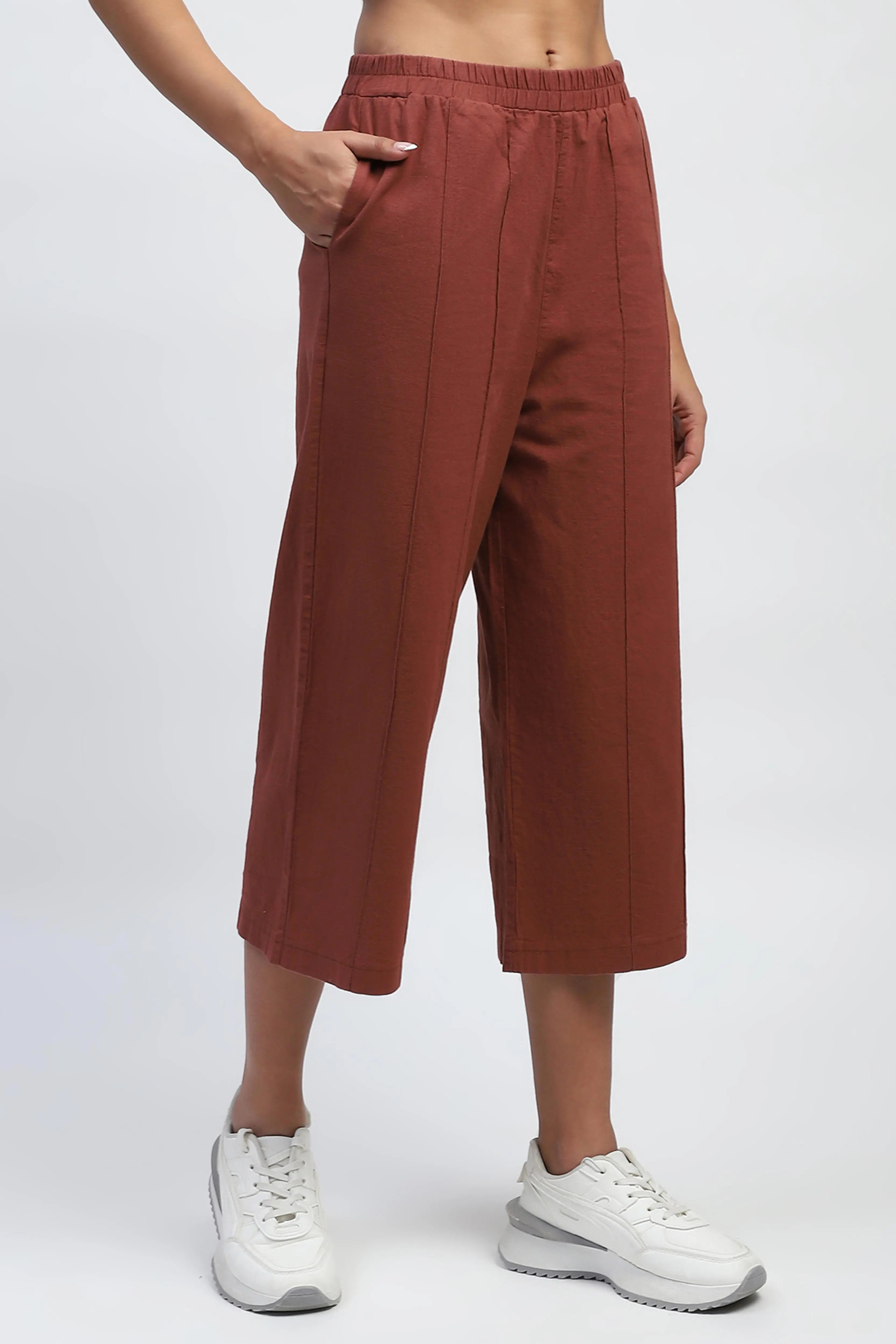 Brown Solid Cotton Relaxed Fit Lower - Global Republic