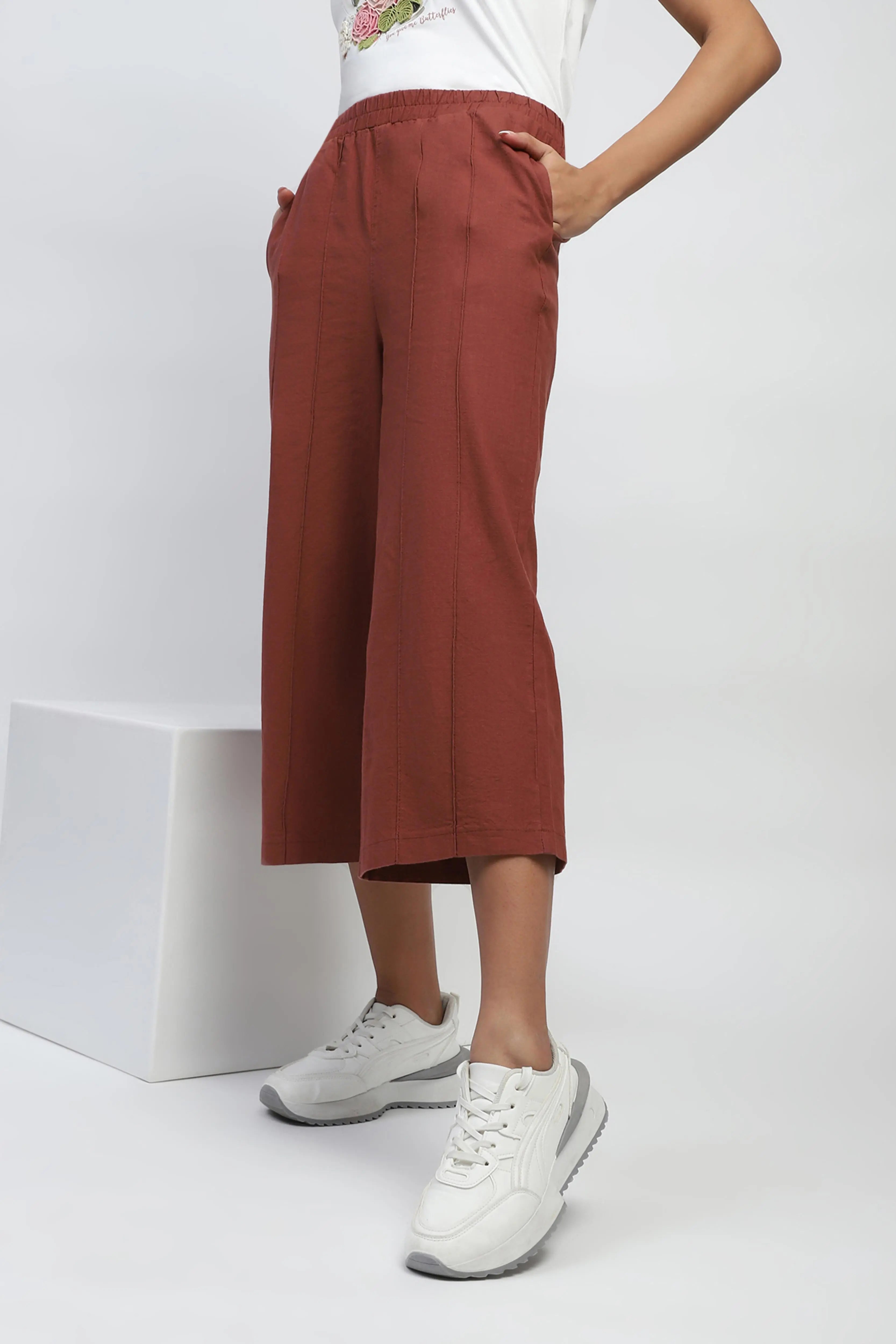 Brown Solid Cotton Relaxed Fit Lower - Global Republic