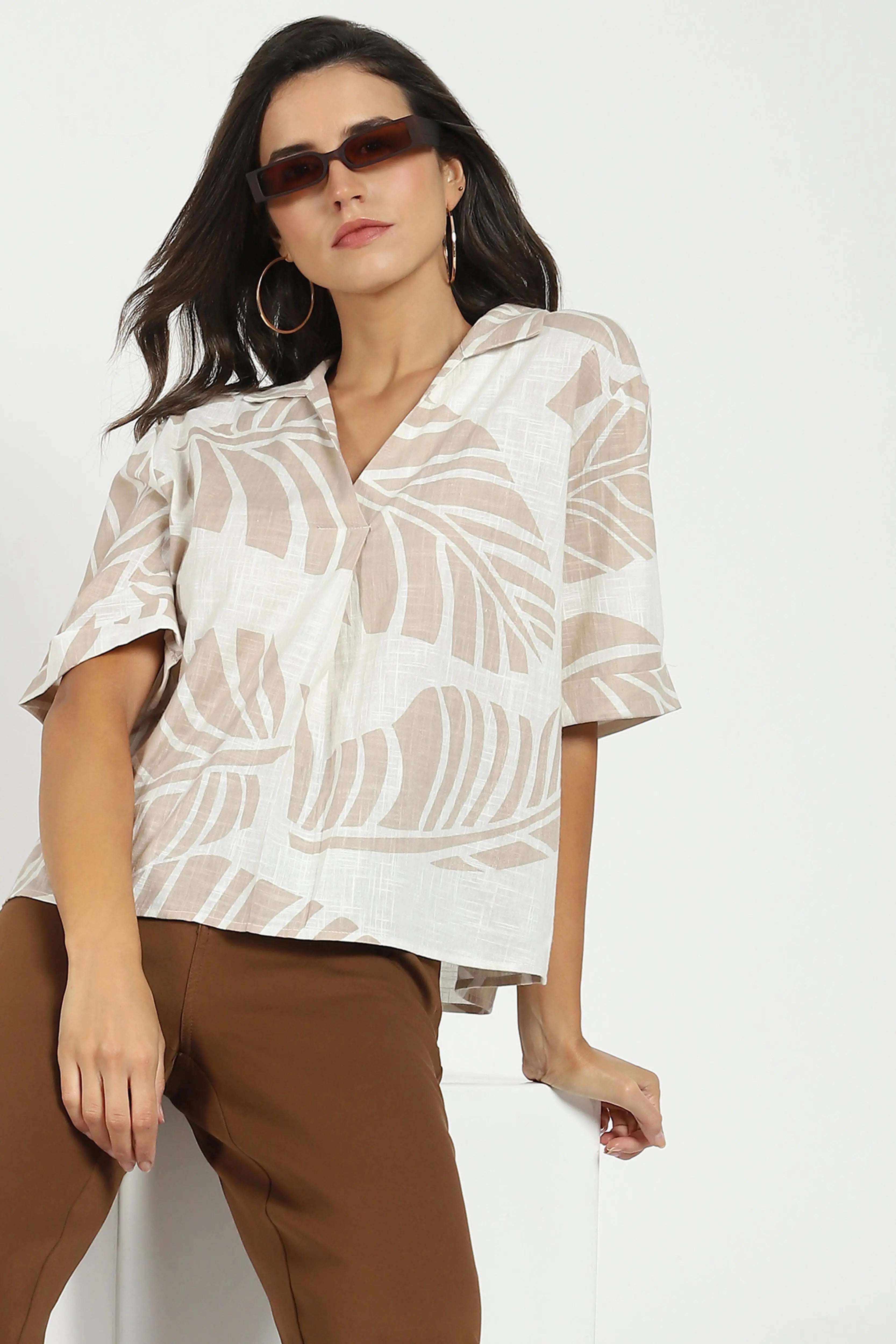 Beige Tropical Cotton Top - Global Republic