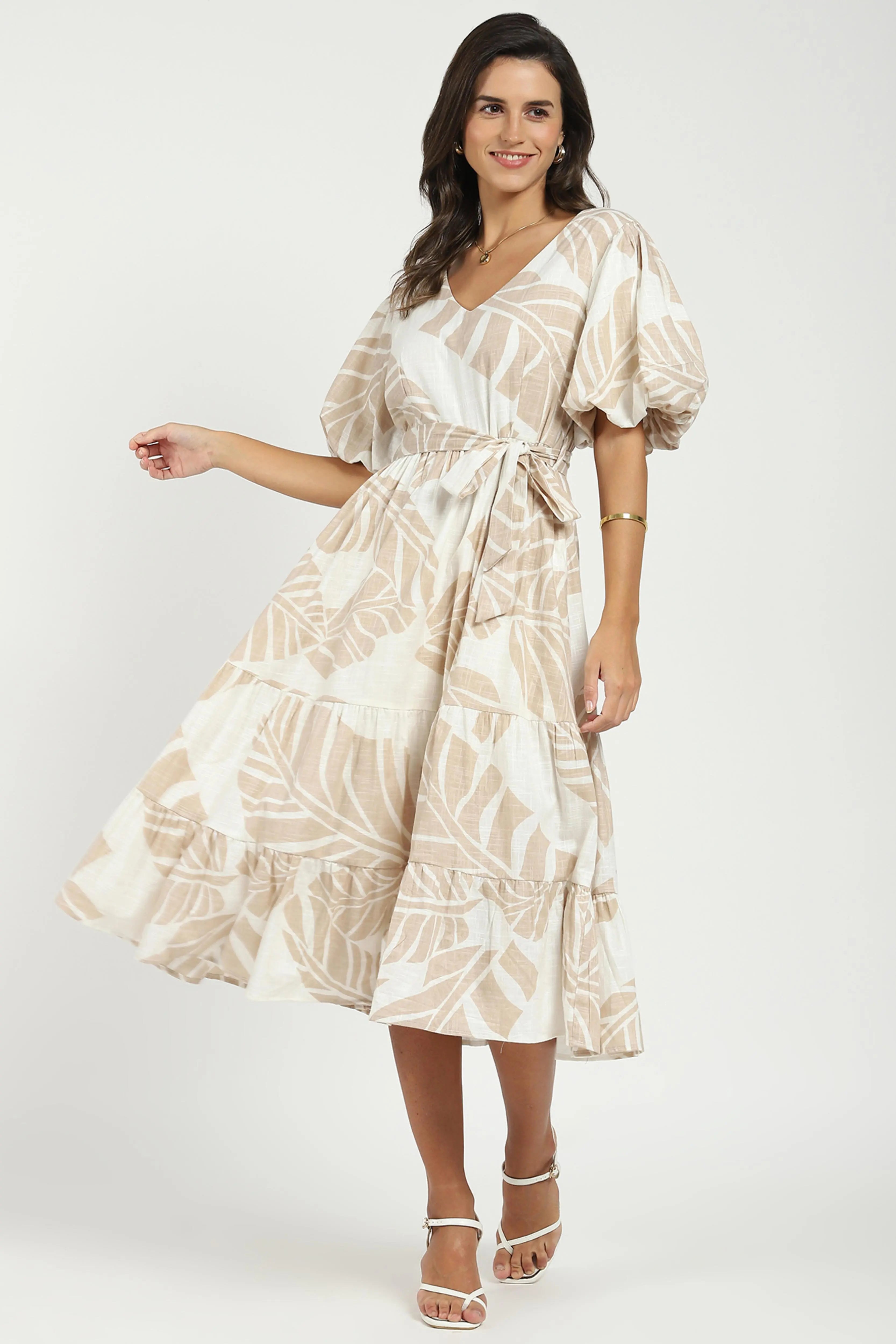 Beige Puff Sleeves Flared Dress - Global Republic