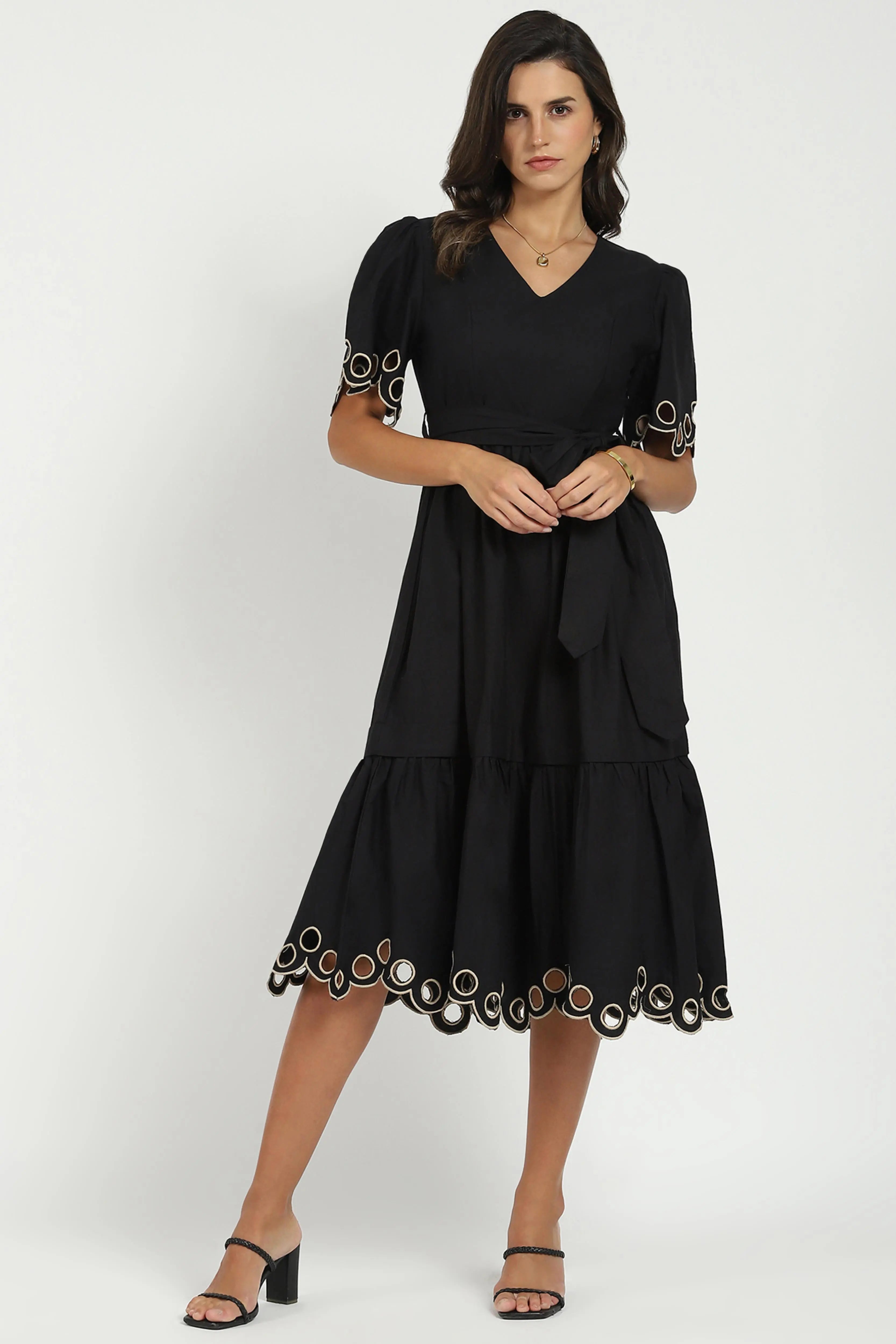 Black Cut Work Tiered  Dress - Global Republic