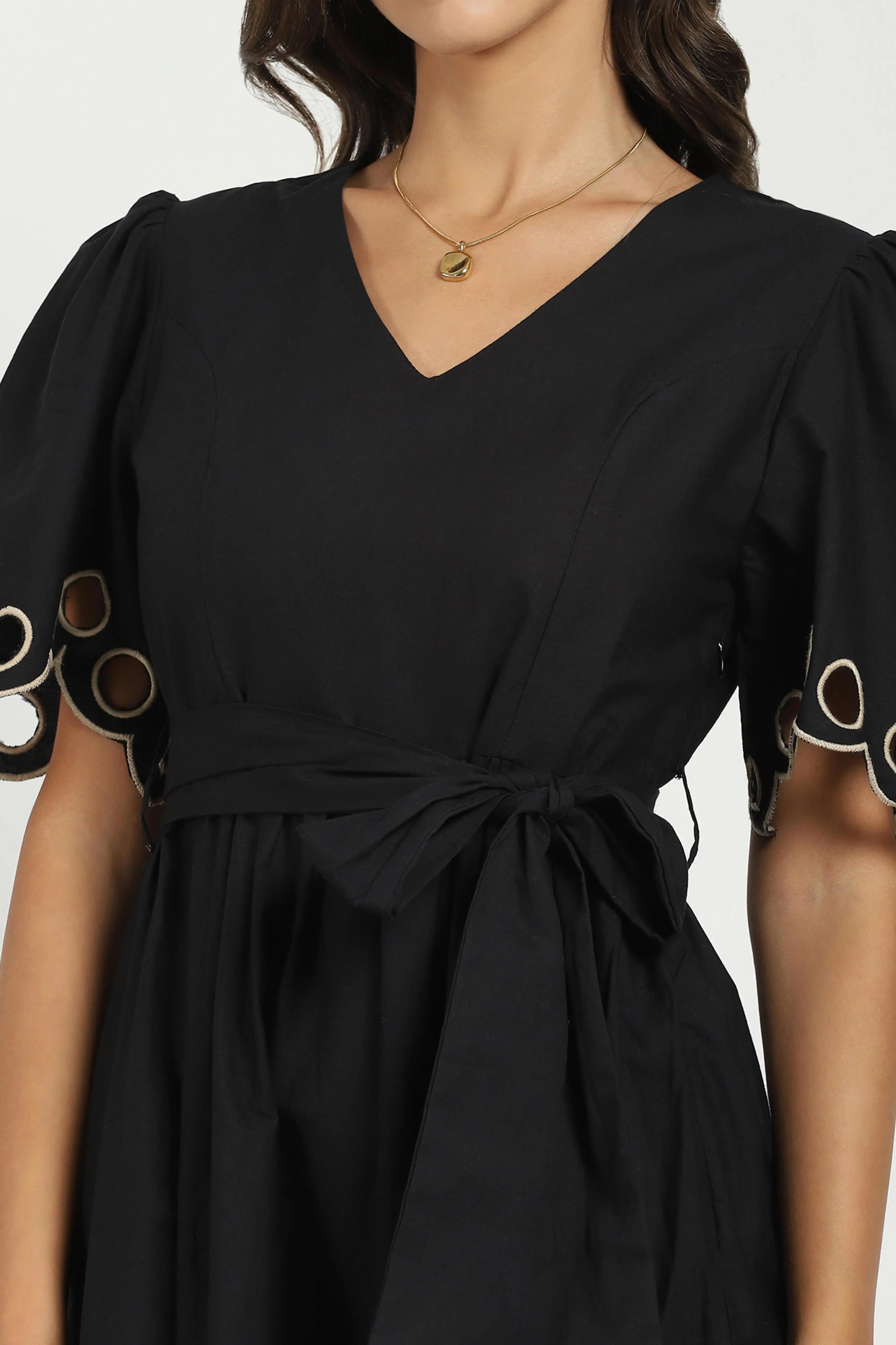 Black Cut Work Tiered  Dress - Global Republic