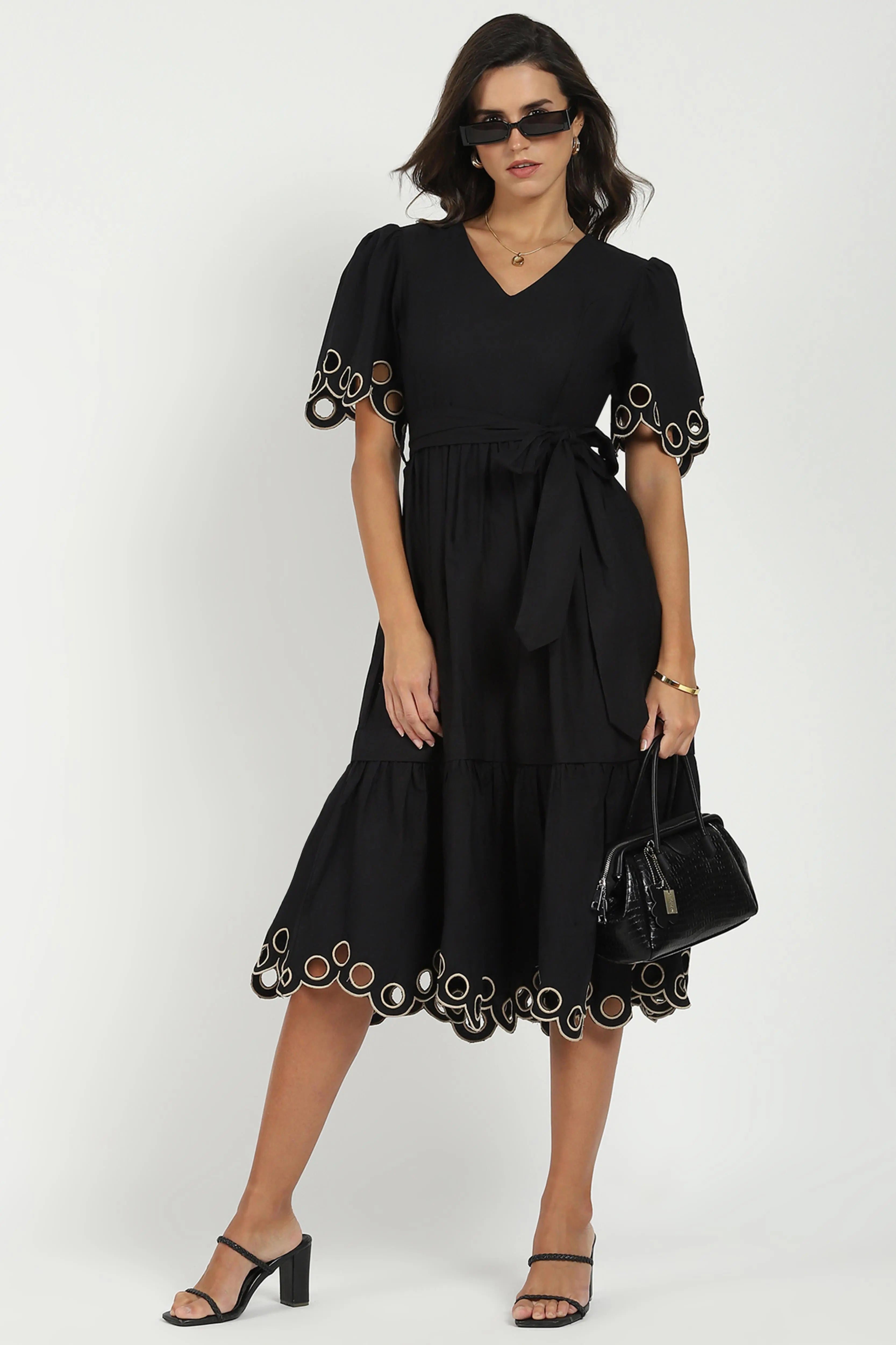 Black Cut Work Tiered  Dress - Global Republic
