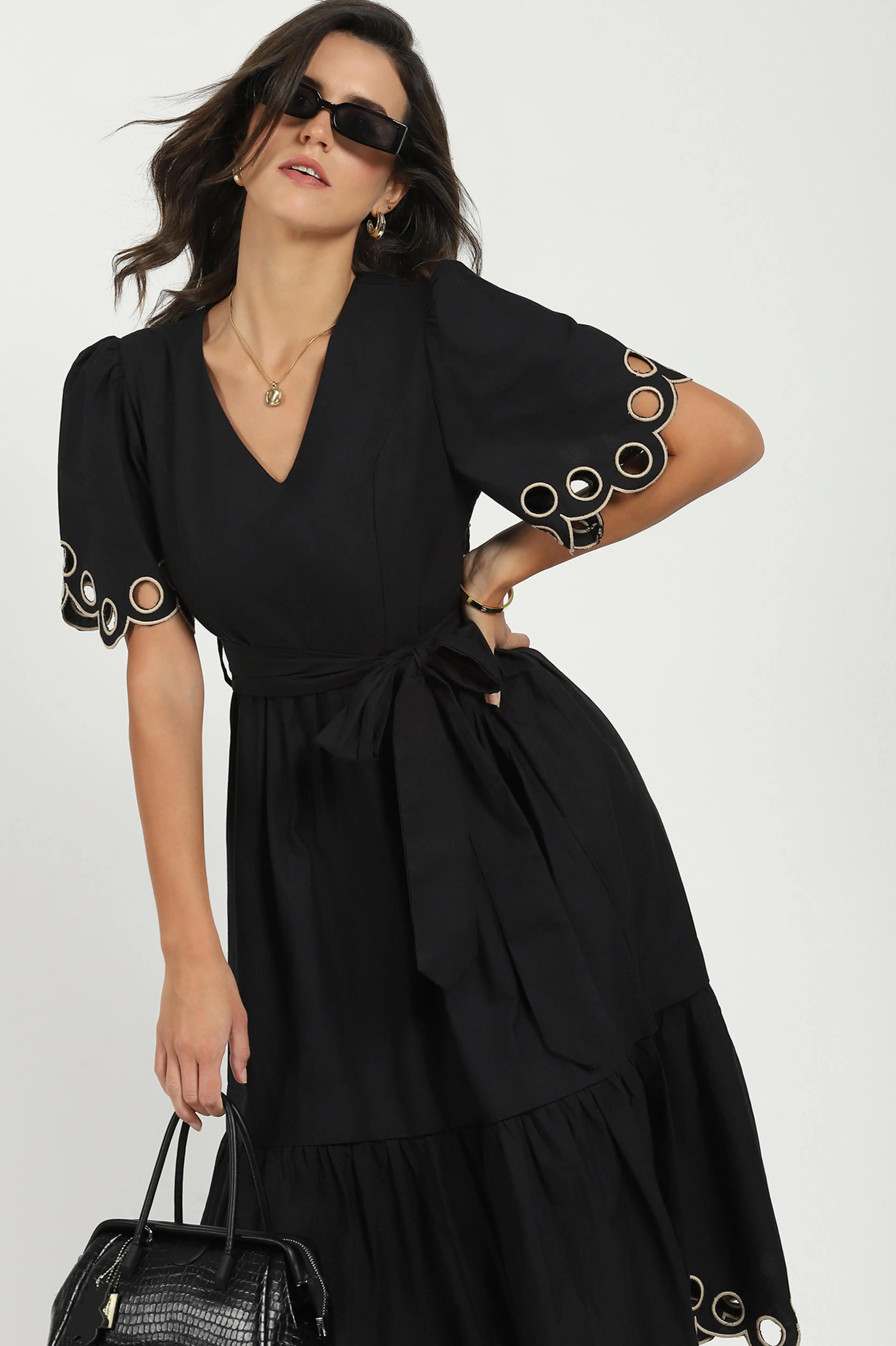 Black Cut Work Tiered  Dress - Global Republic