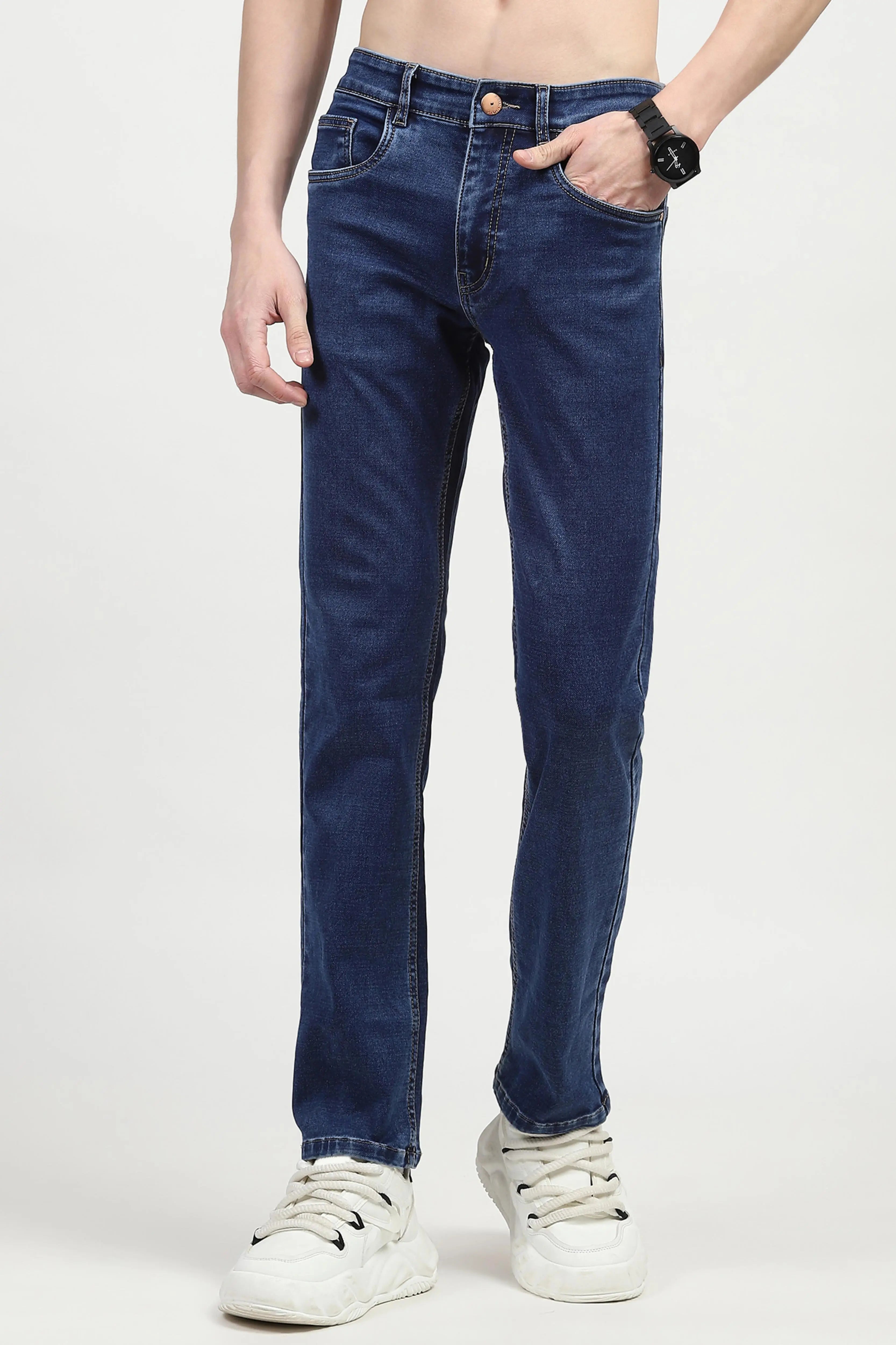 Dark Blue Regular Fit Solid Jeans - Global Republic