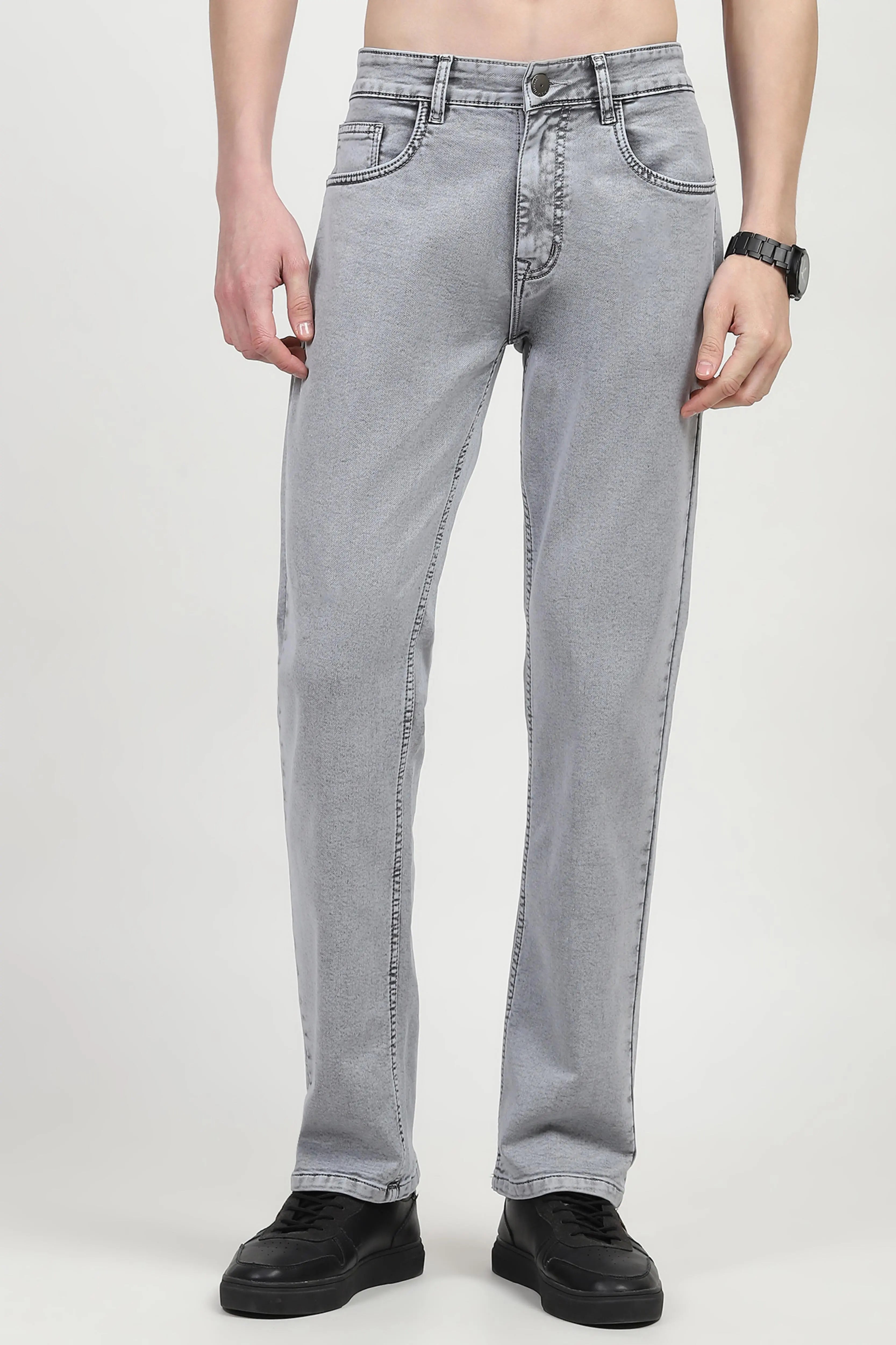 Grey Cotton Regular Fit Jeans - Global Republic