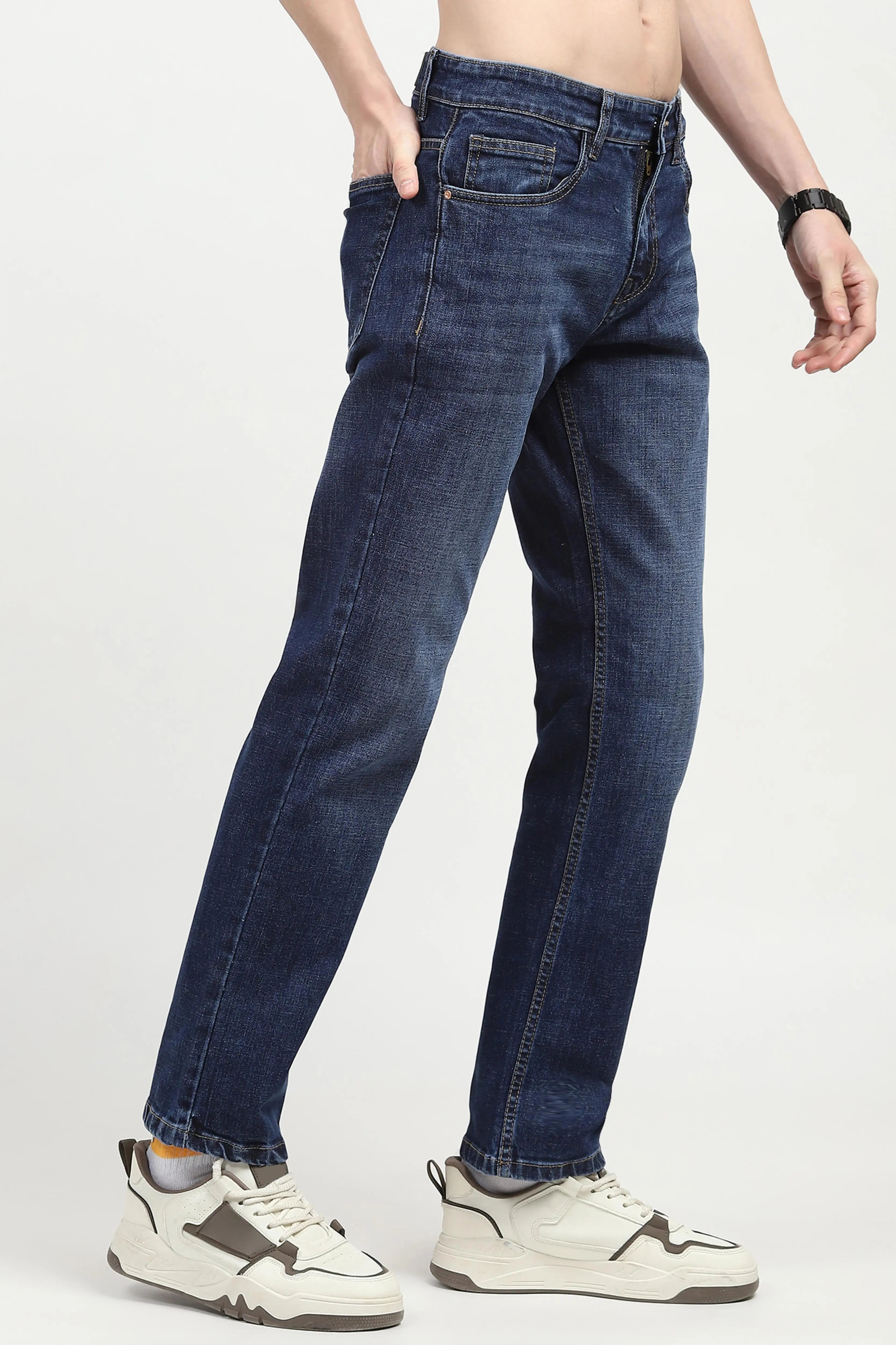 Blue Solid Regular Fit Jeans - Global Republic