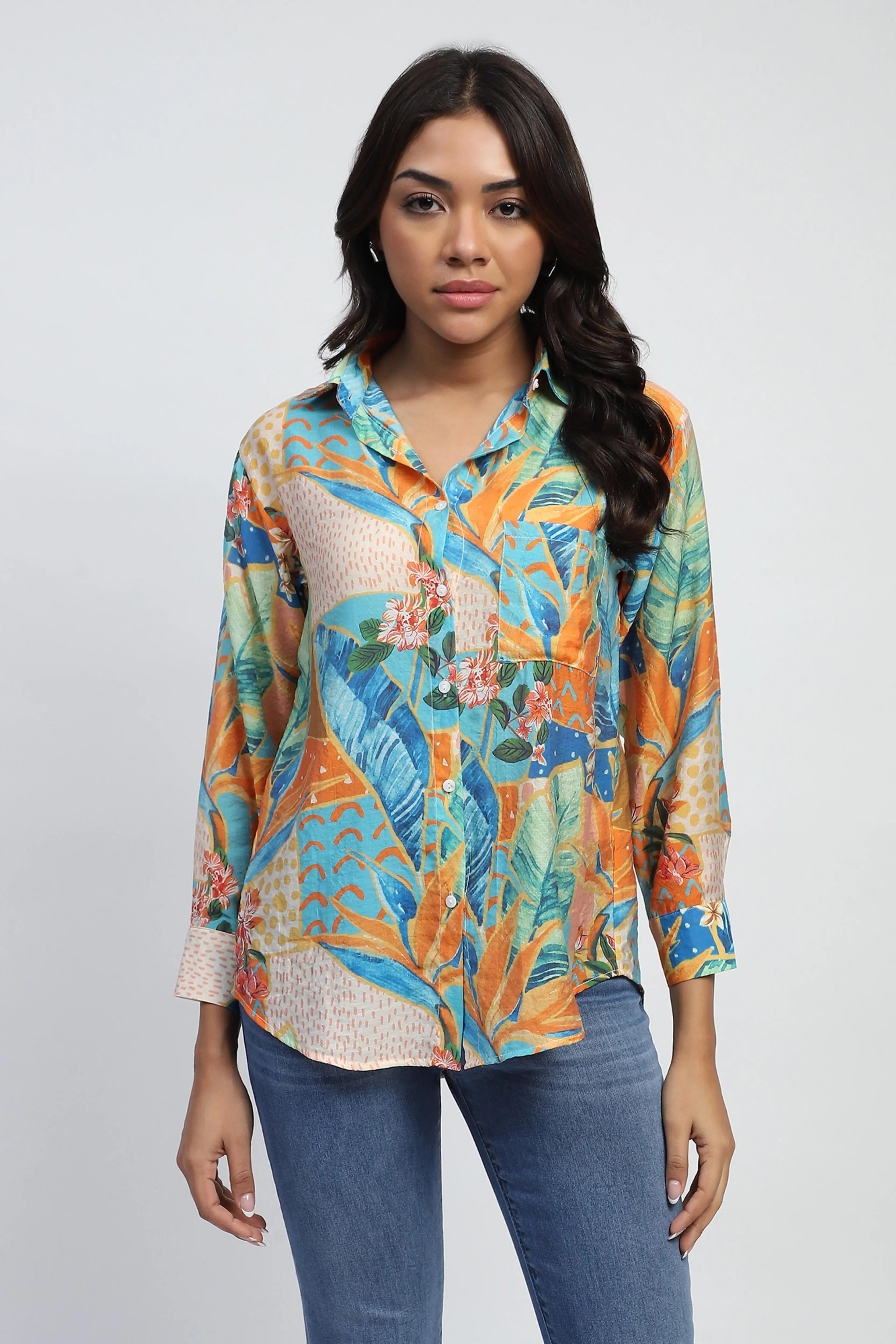 Orange Tropical Print Rayon Blend Shirt - Global Republic