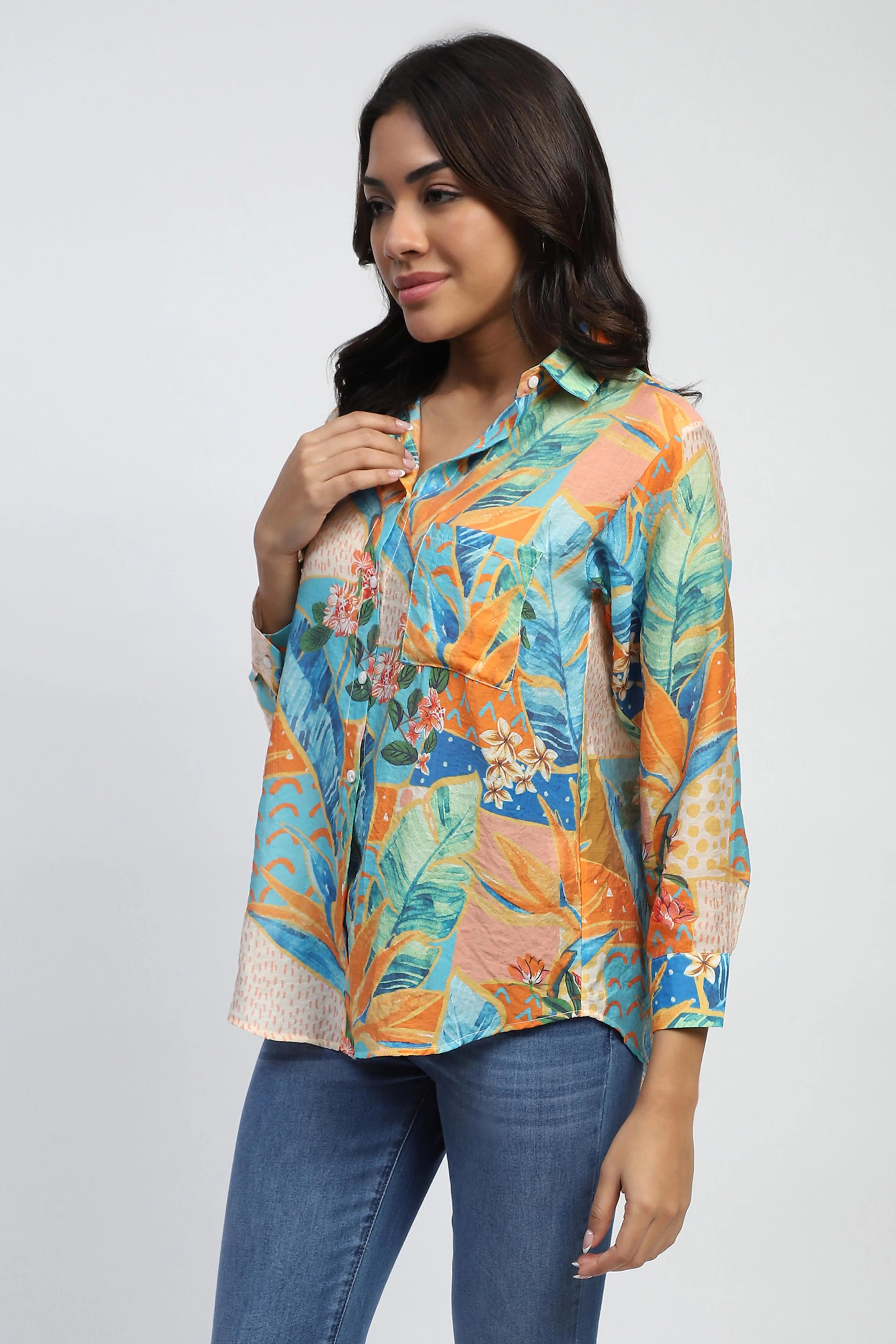 Orange Tropical Print Rayon Blend Shirt - Global Republic