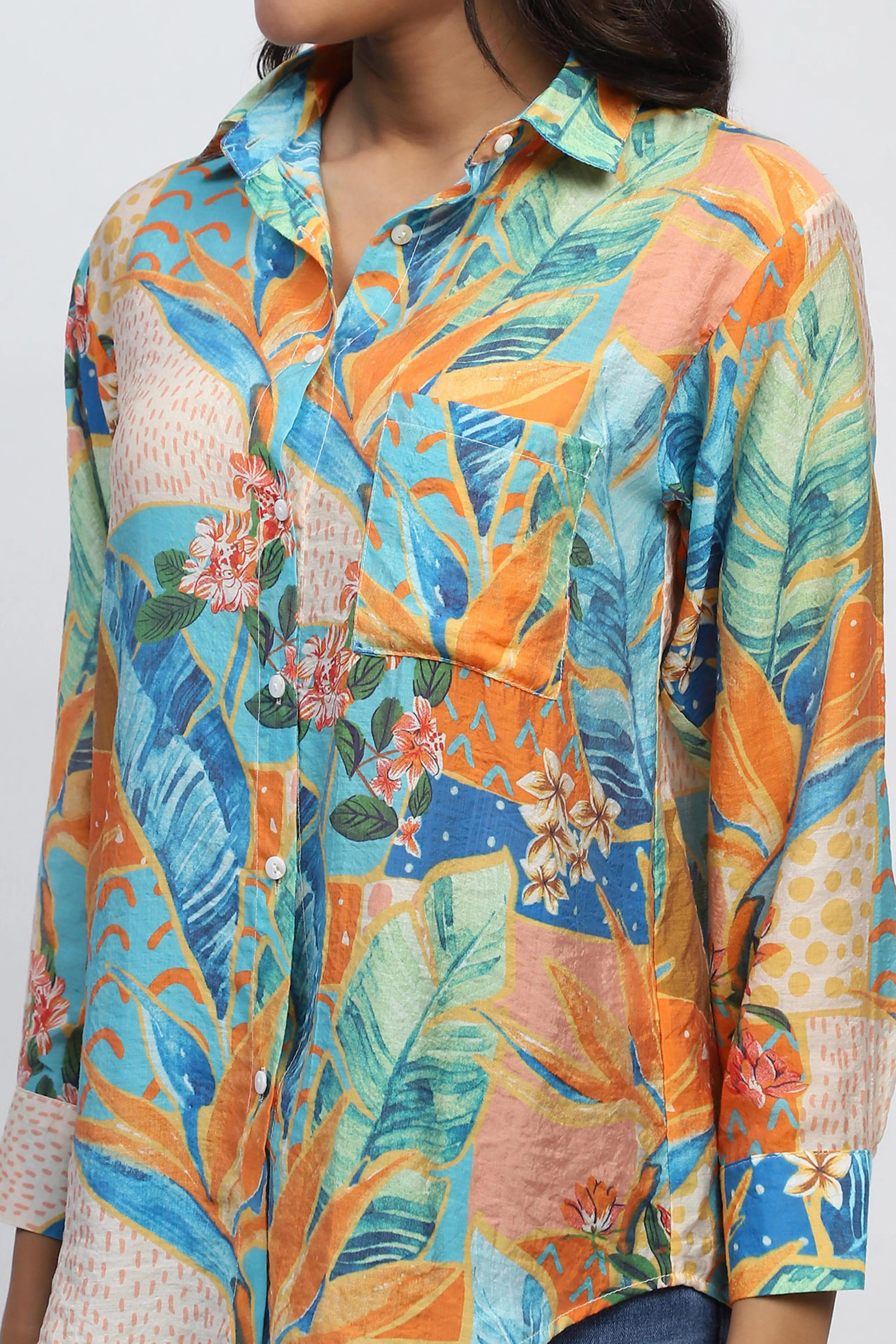 Orange Tropical Print Rayon Blend Shirt - Global Republic