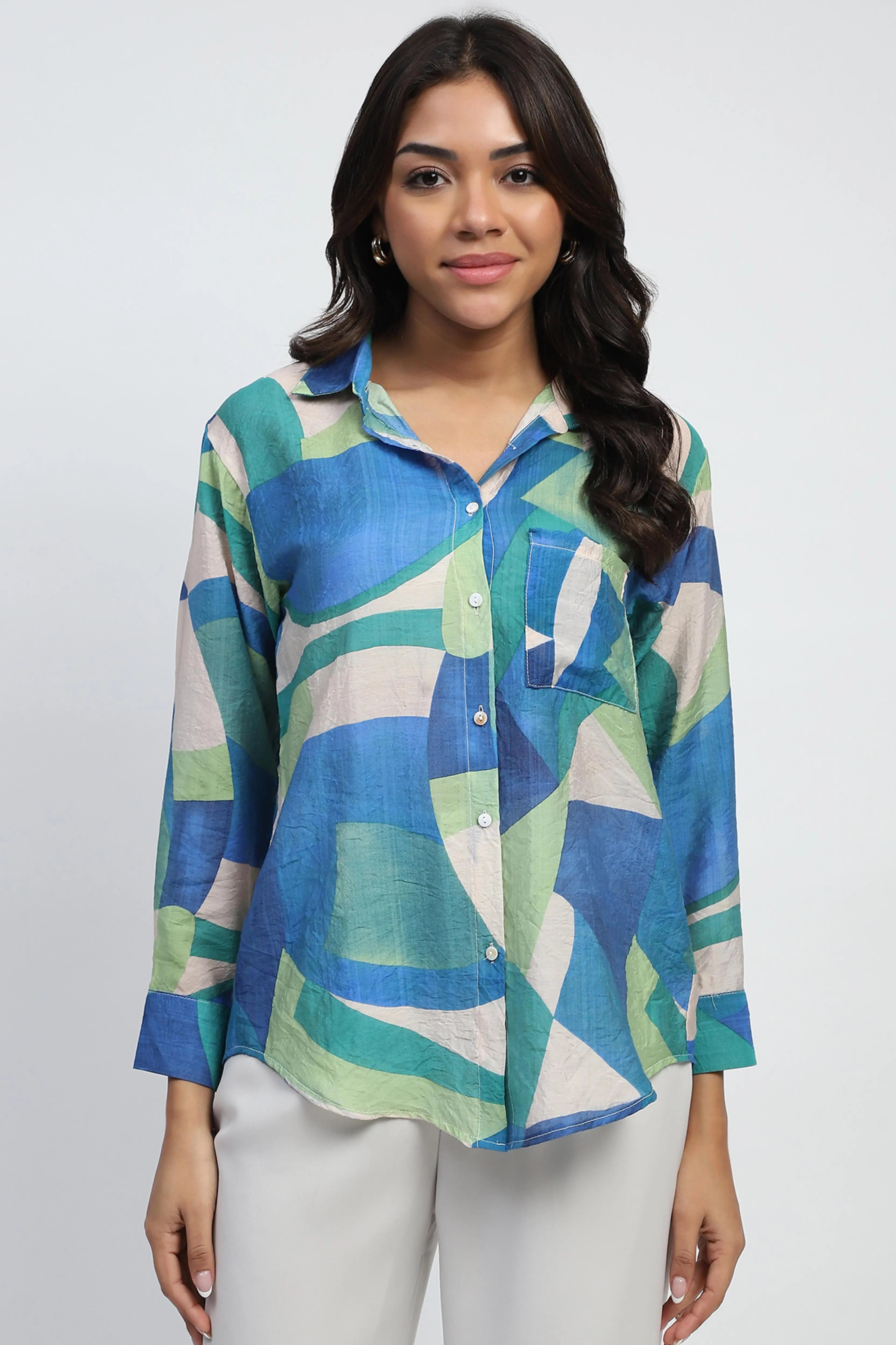 Blue Abstract Rayon Blend Shirt - Global Republic