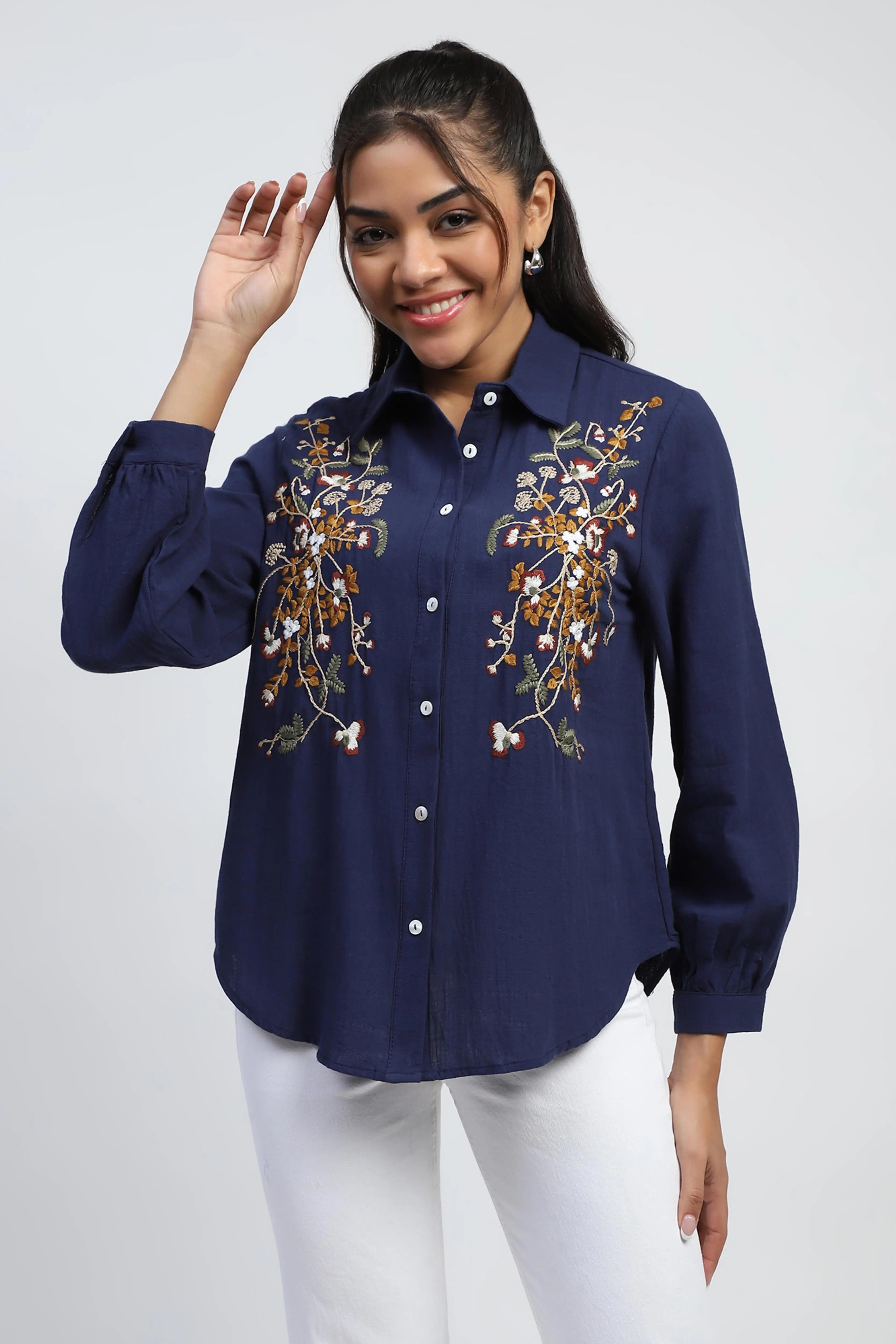 Navy Floral Embroidered Cotton Shirt - Global Republic