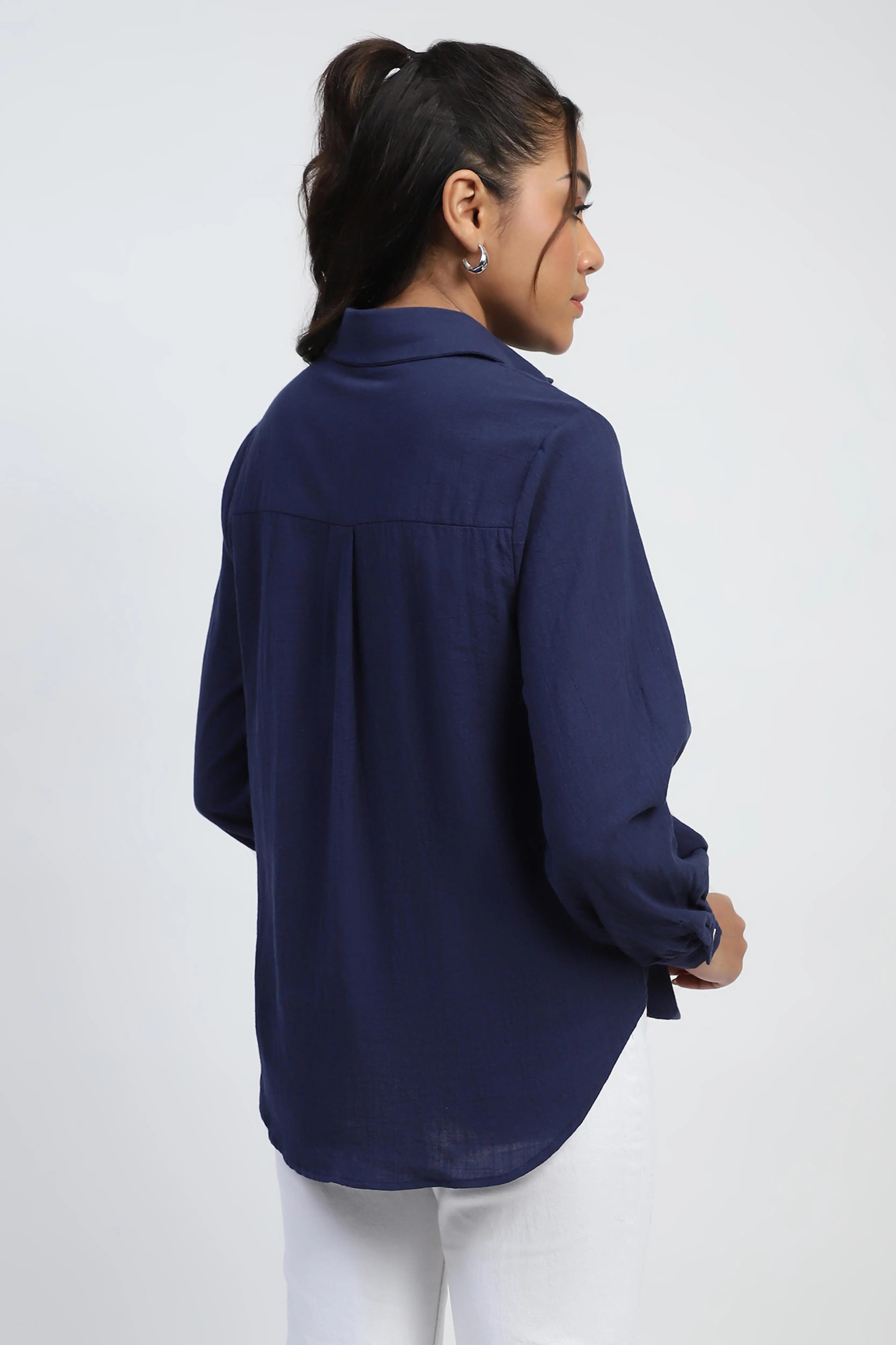 Navy Floral Embroidered Cotton Shirt - Global Republic