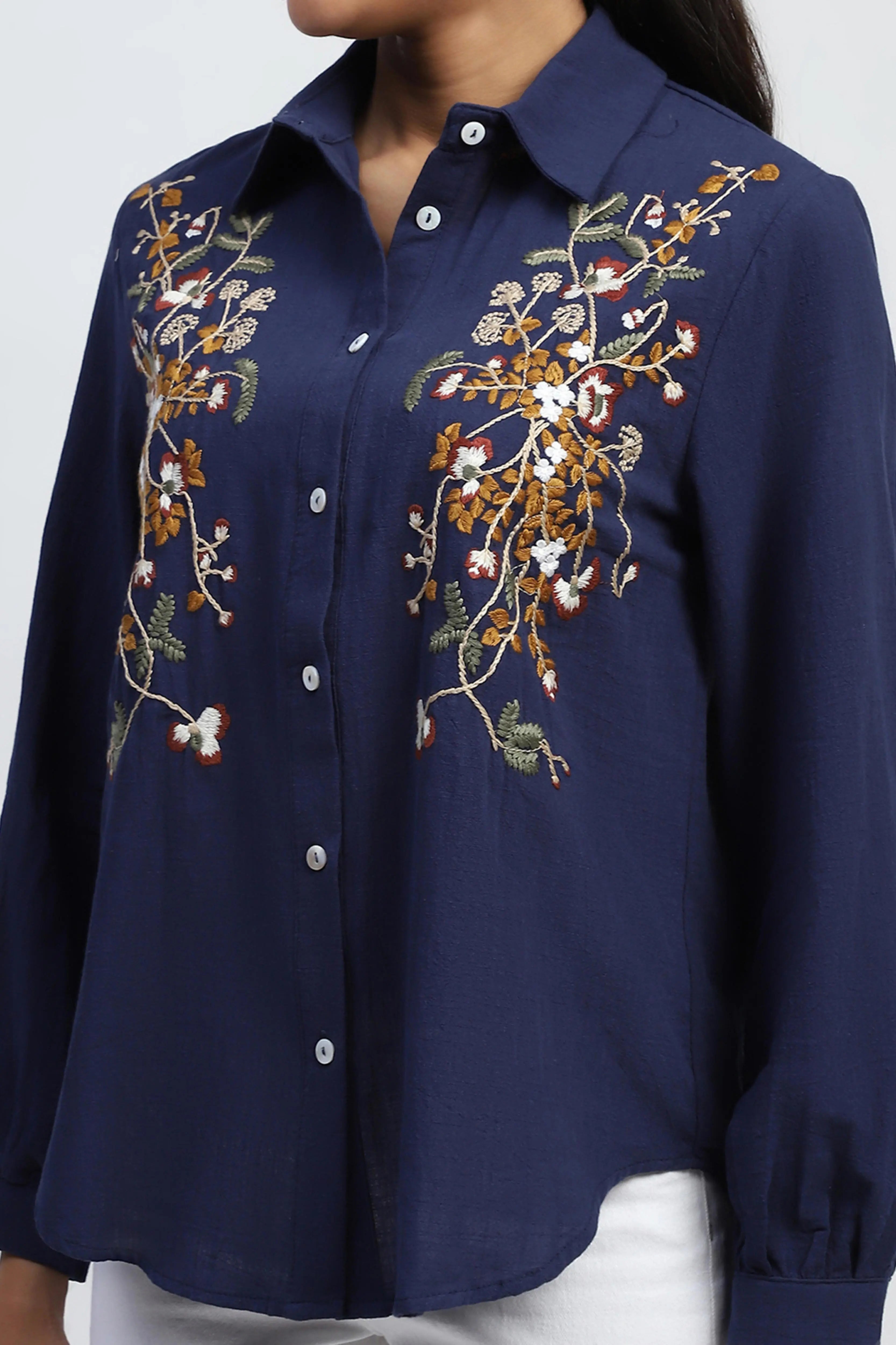Navy Floral Embroidered Cotton Shirt - Global Republic