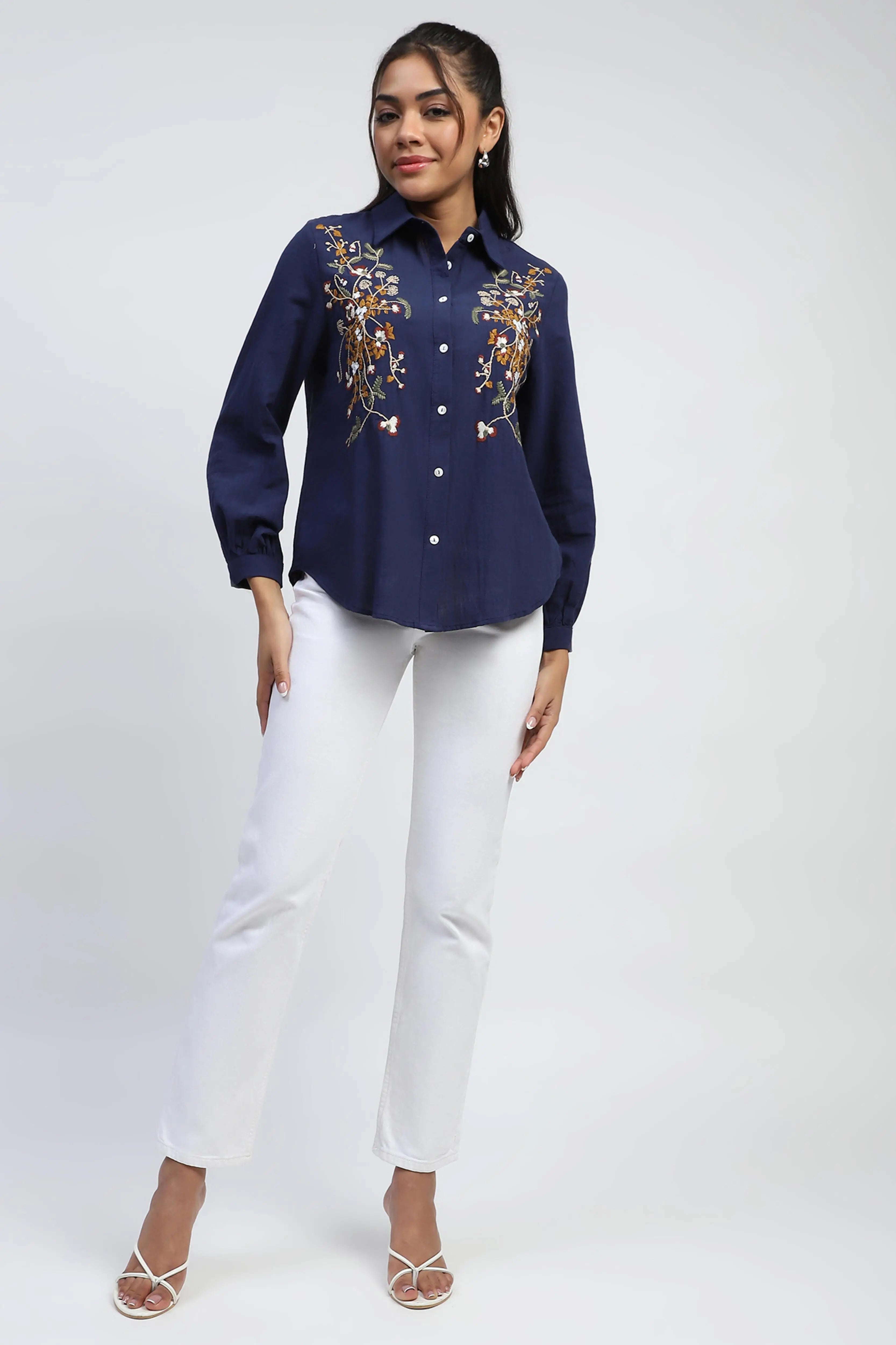 Navy Floral Embroidered Cotton Shirt - Global Republic