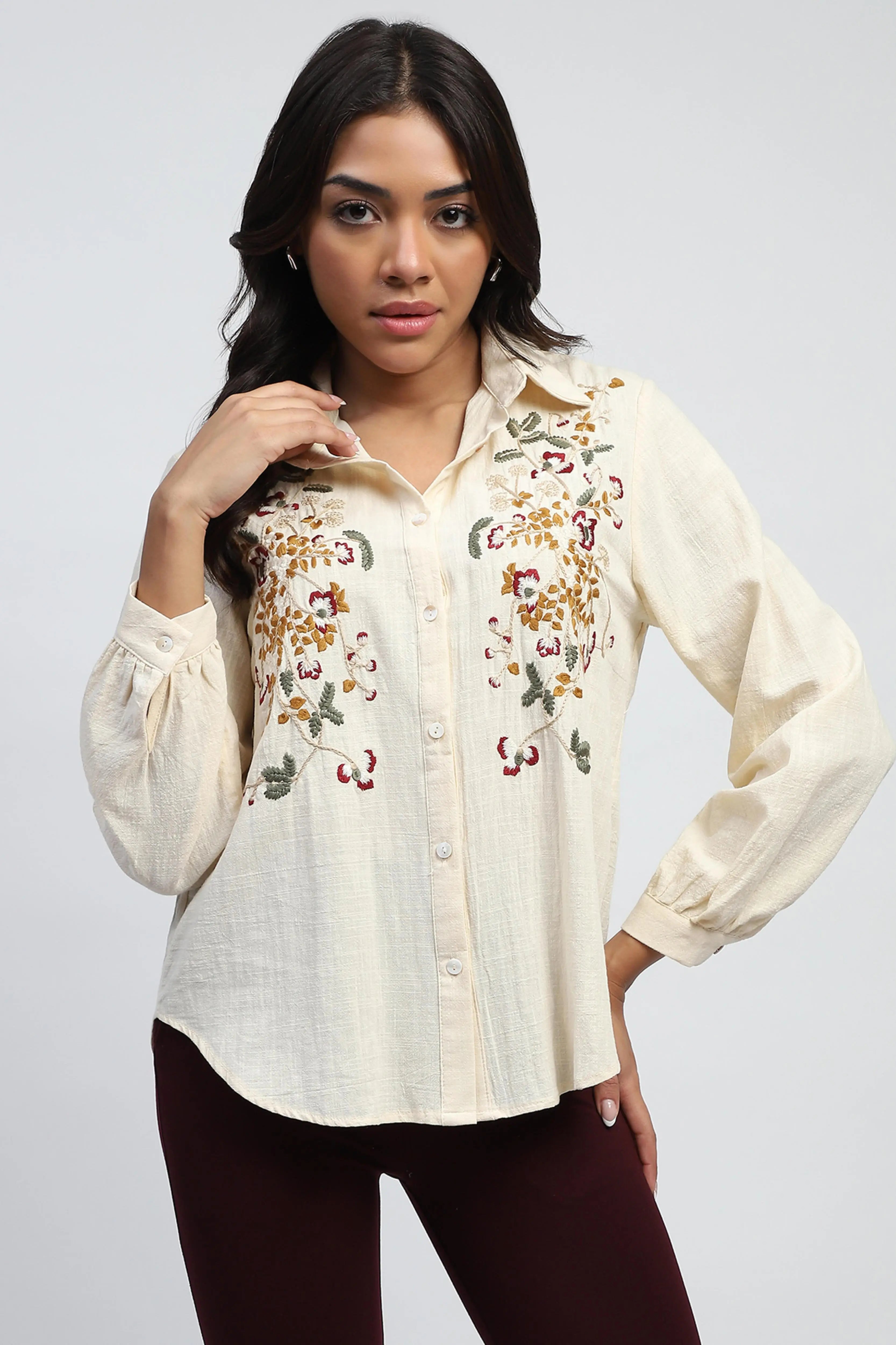 Cream Floral Embroidered Cotton Shirt - Global Republic