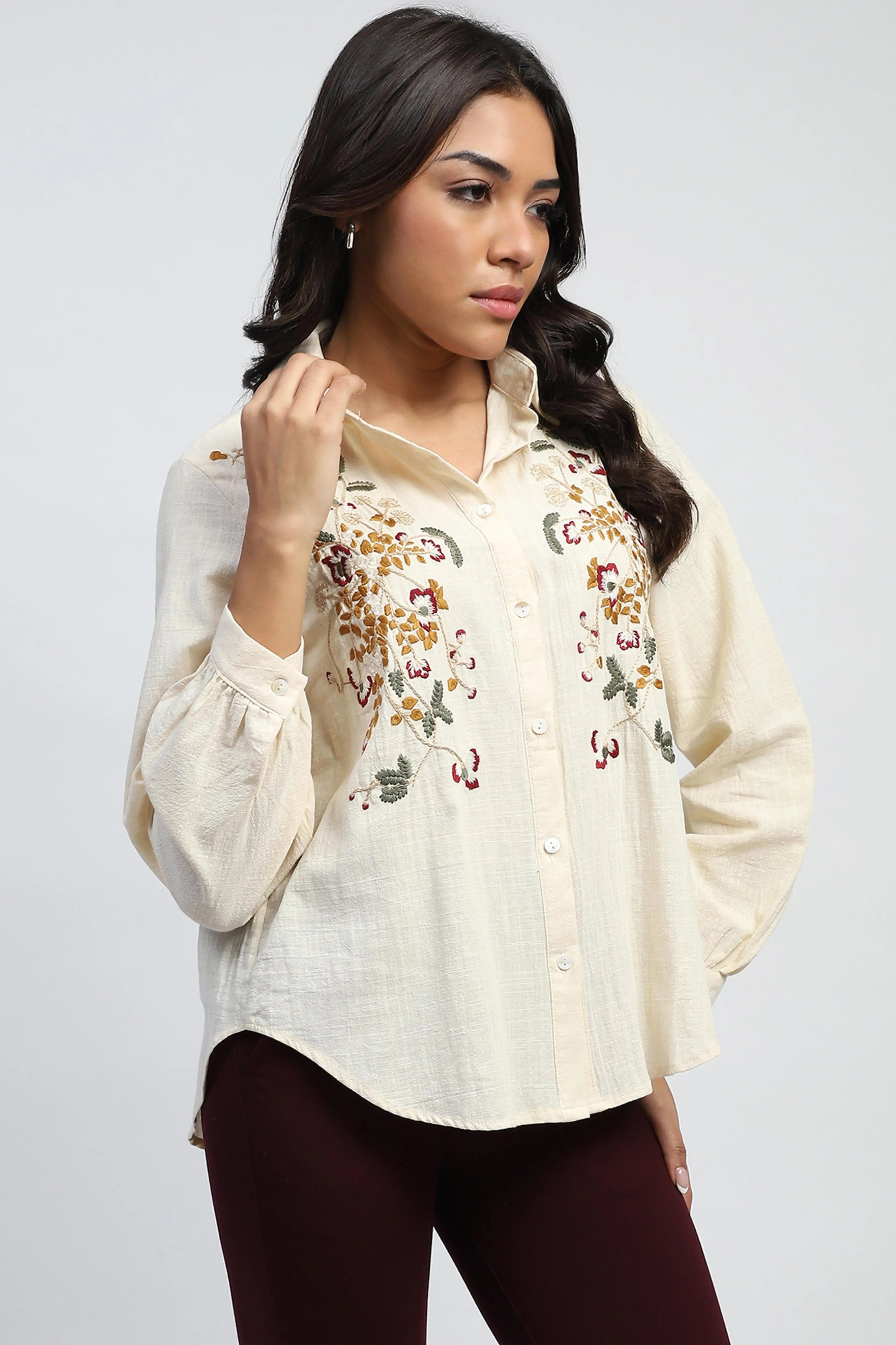 Cream Floral Embroidered Cotton Shirt - Global Republic