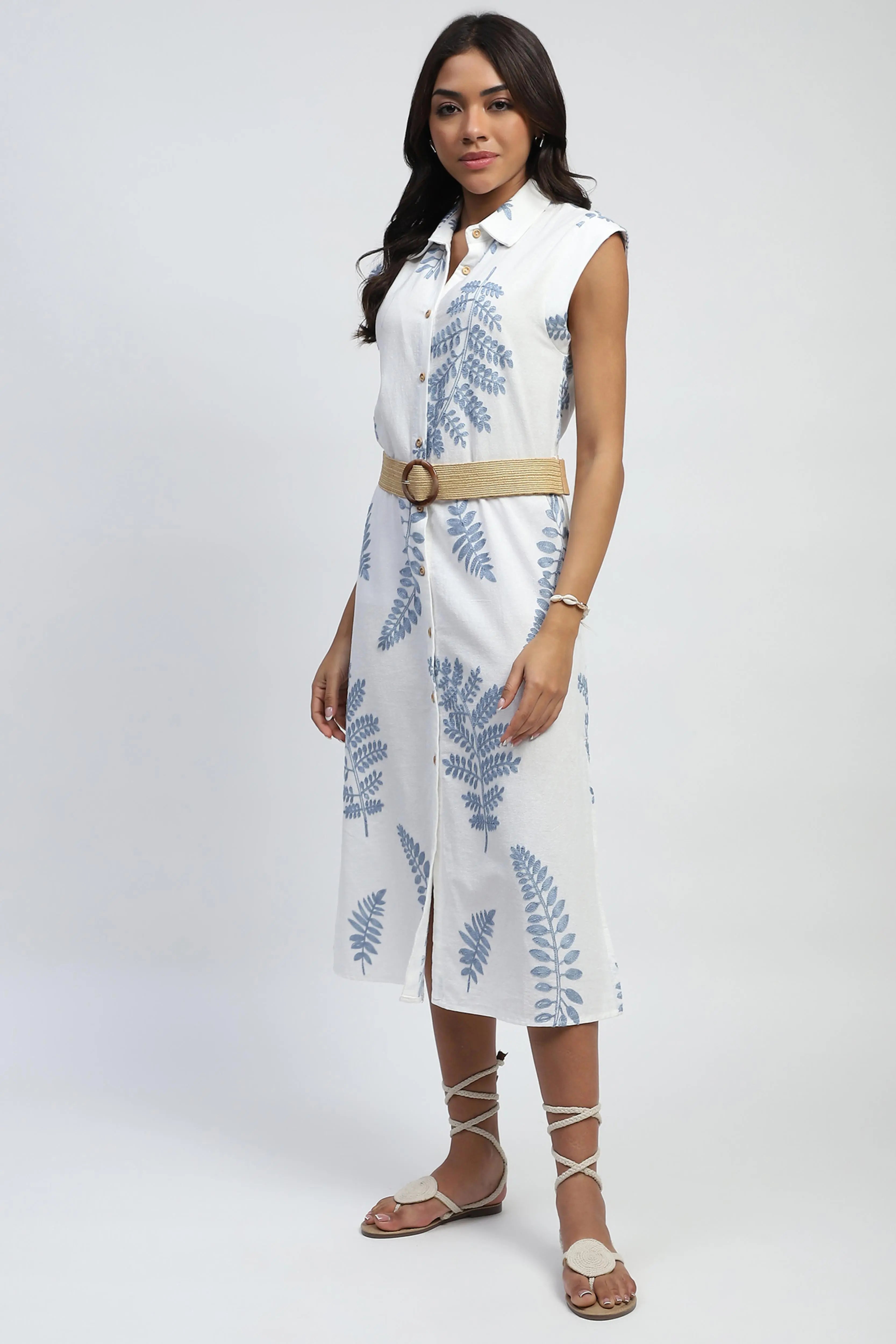 White Embroidered Cotton Midi Dress - Global Republic