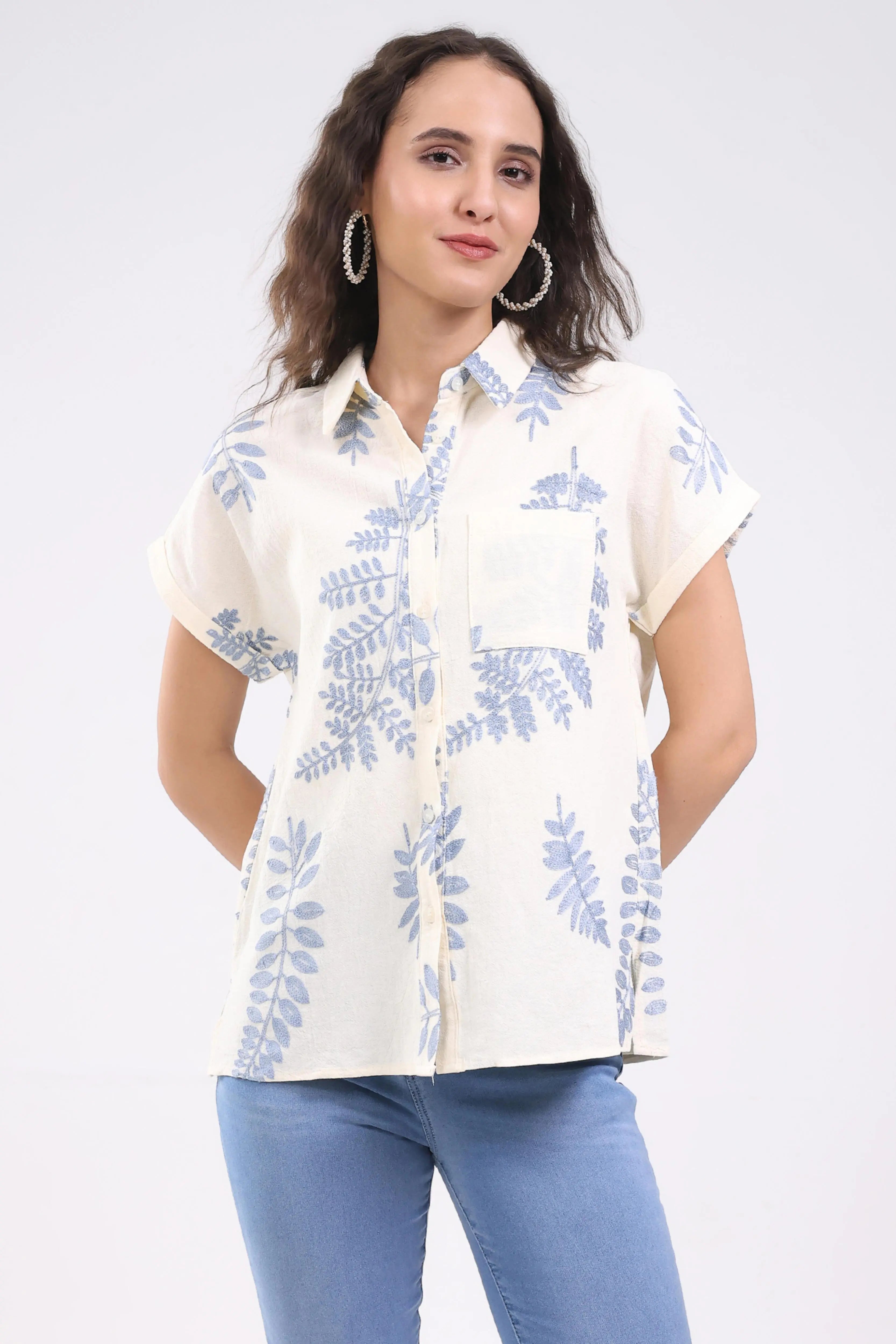 Cream Thread Embroidered Cotton Shirt - Global Republic