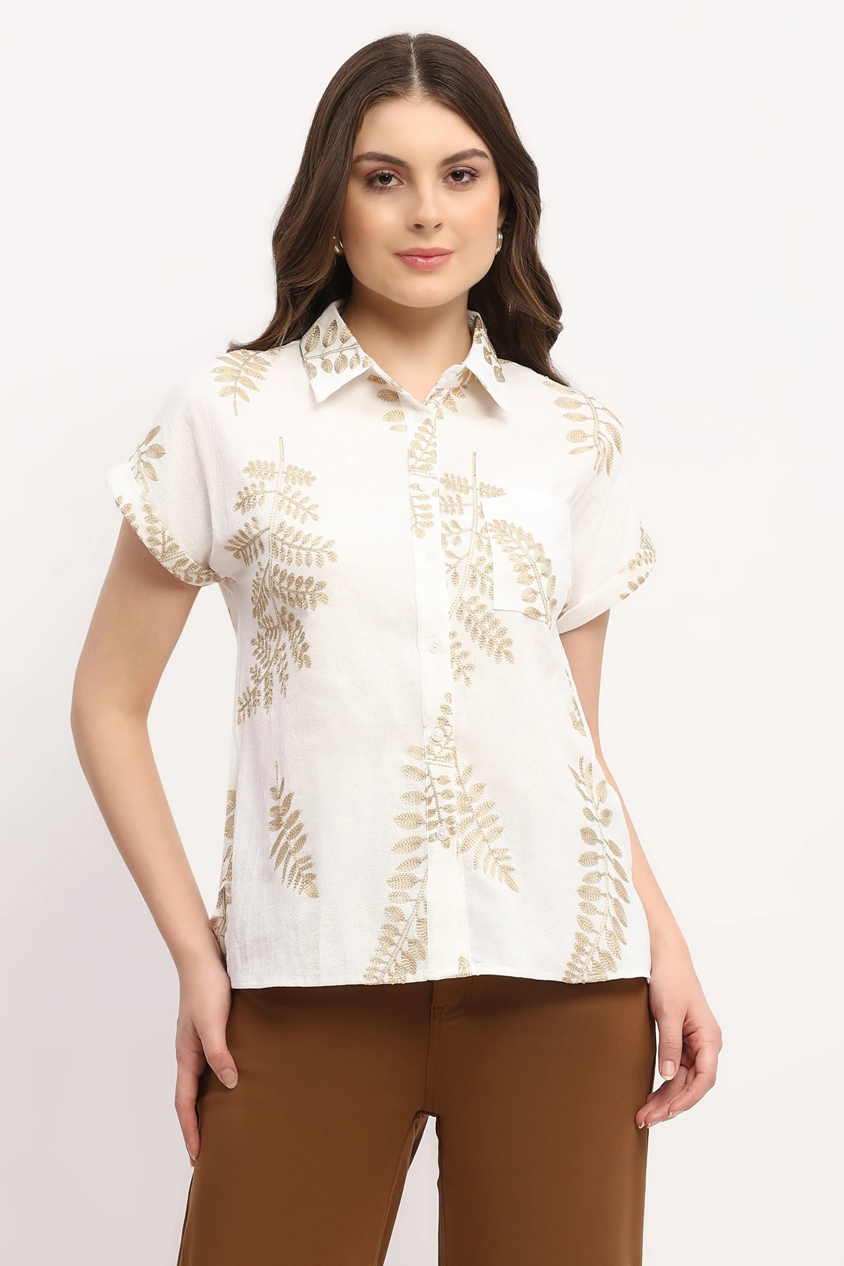 Beige Embroidered Boxy Shirt