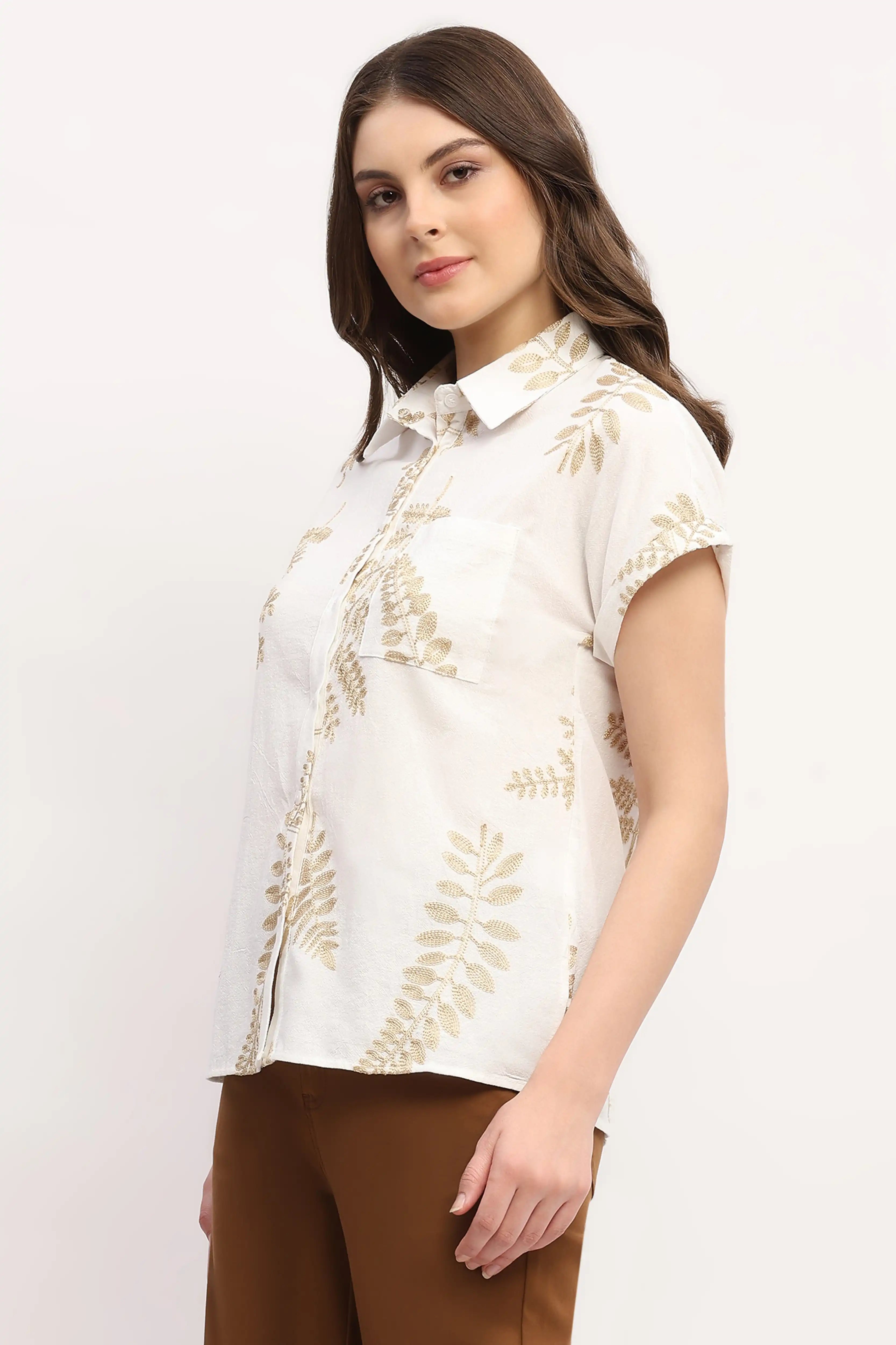 Beige Embroidered Boxy Shirt - Global Republic
