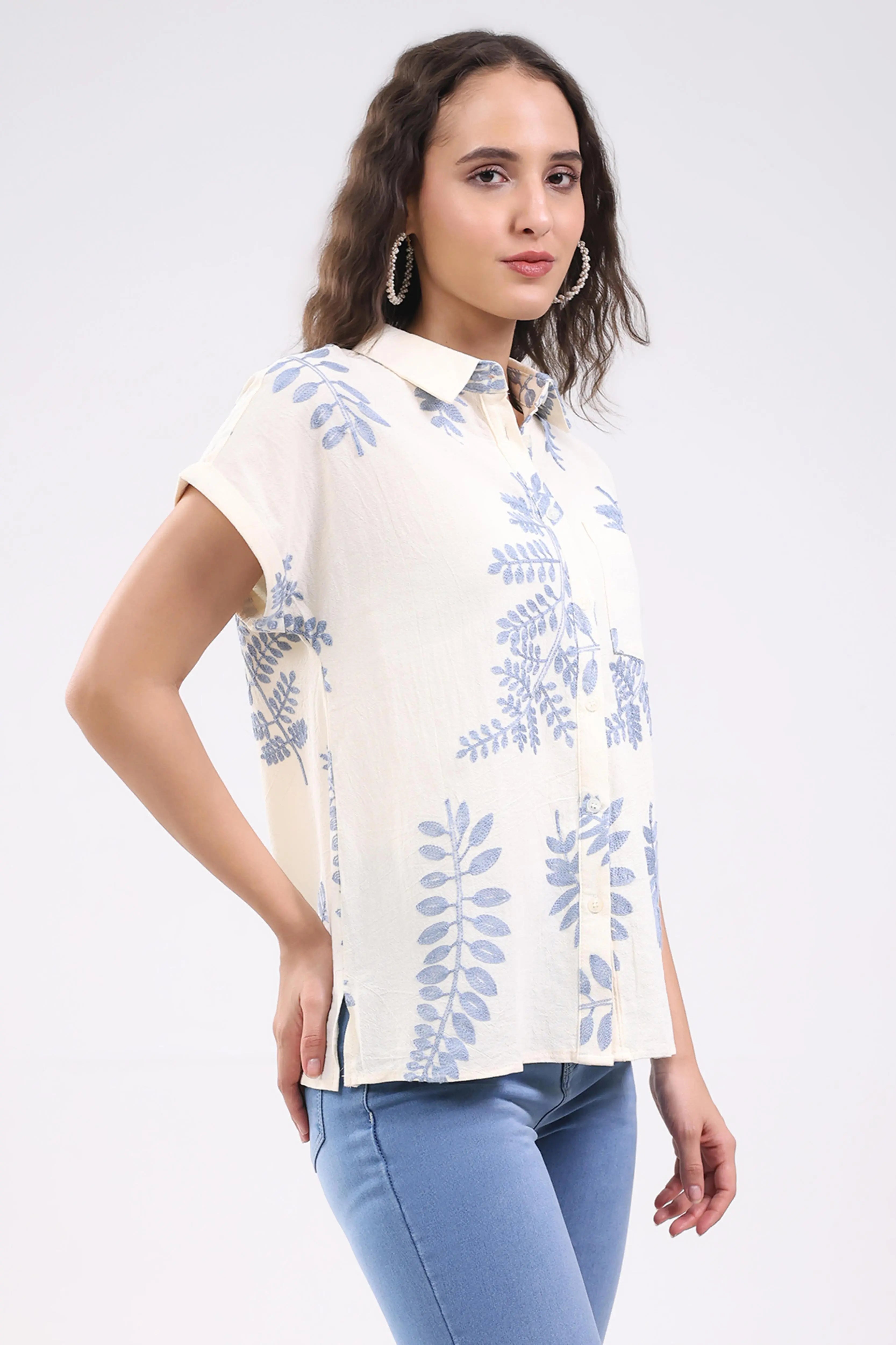 Cream Thread Embroidered Cotton Shirt - Global Republic