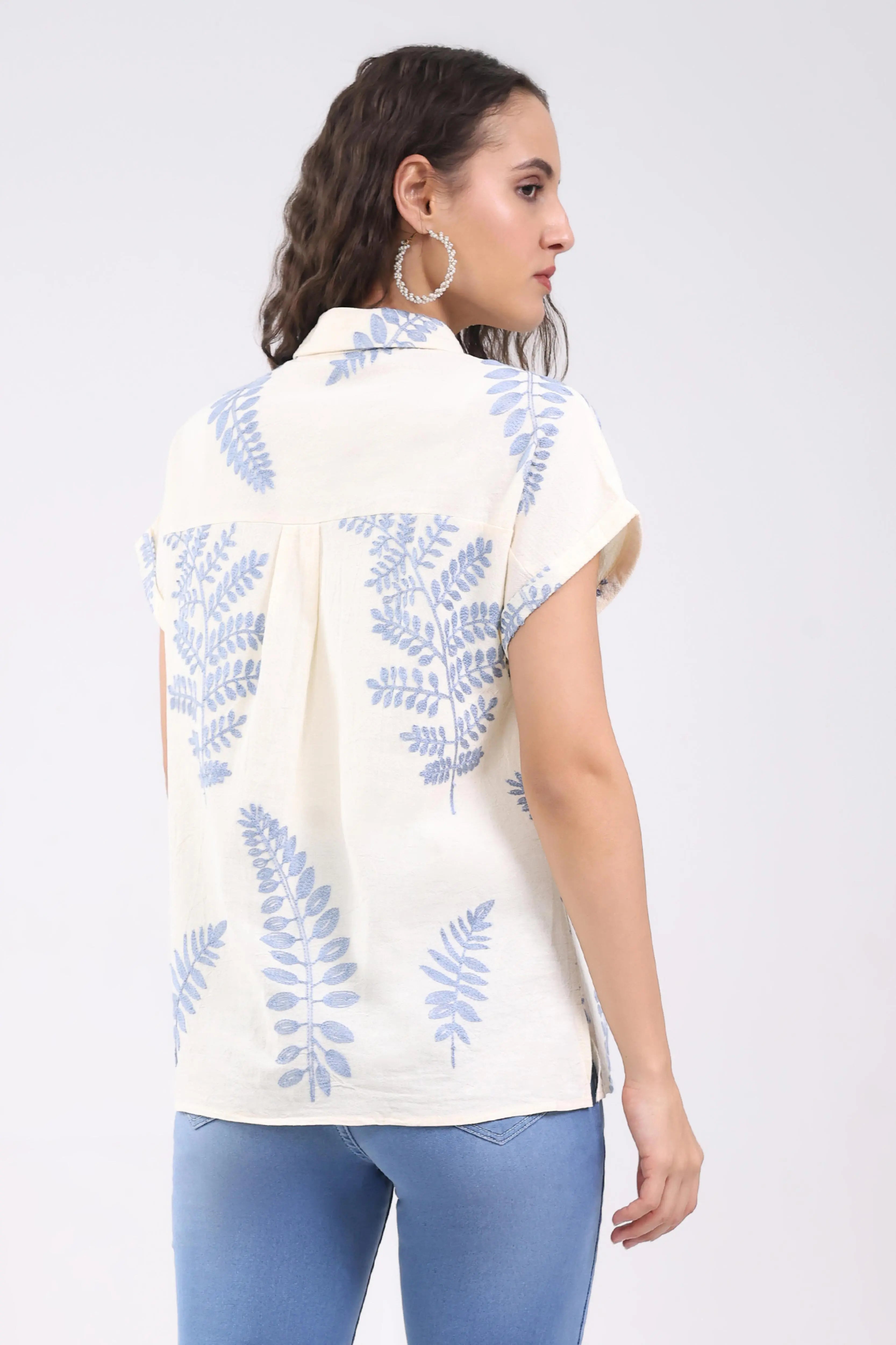 Cream Thread Embroidered Cotton Shirt - Global Republic