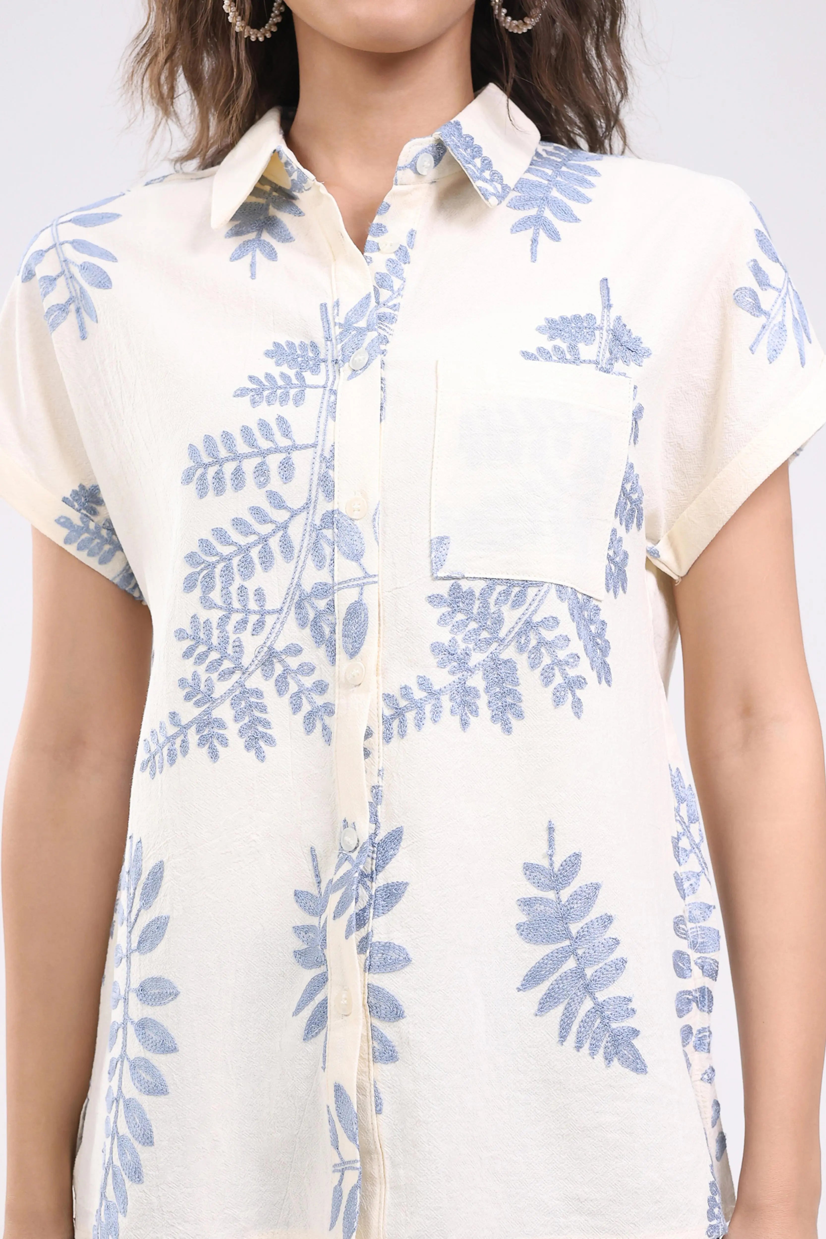 Cream Thread Embroidered Cotton Shirt - Global Republic