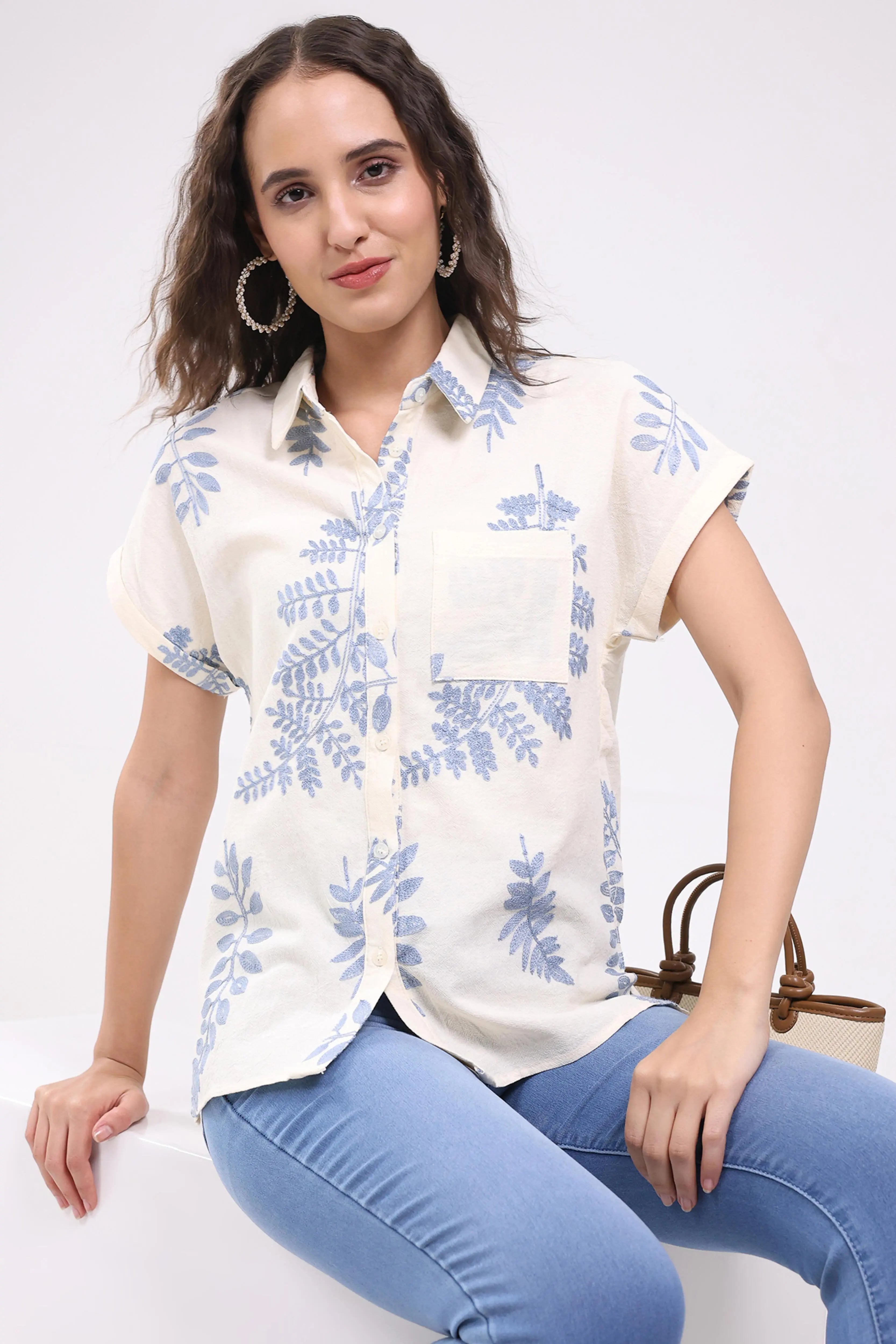Cream Thread Embroidered Cotton Shirt - Global Republic