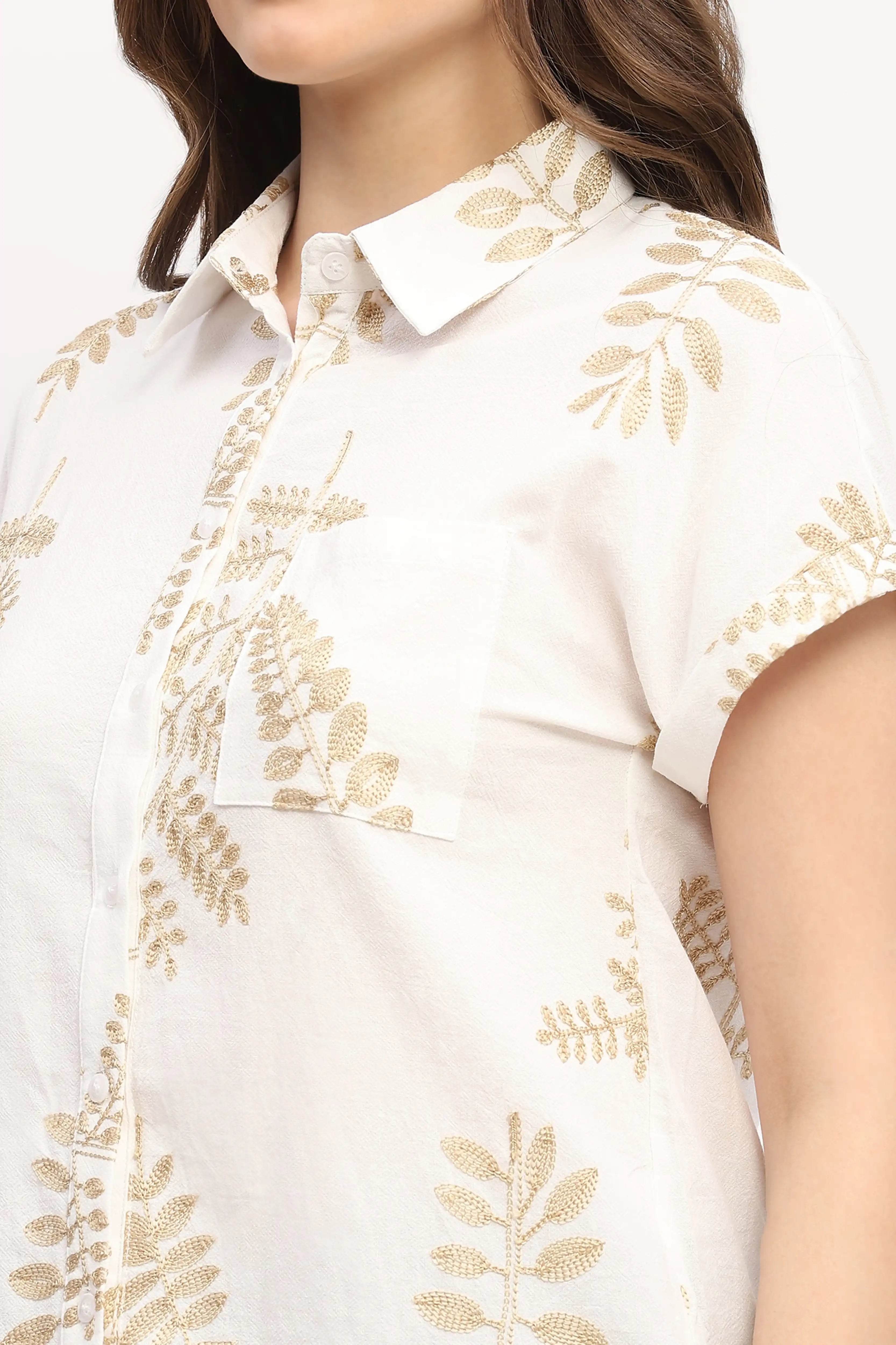 Beige Embroidered Boxy Shirt - Global Republic