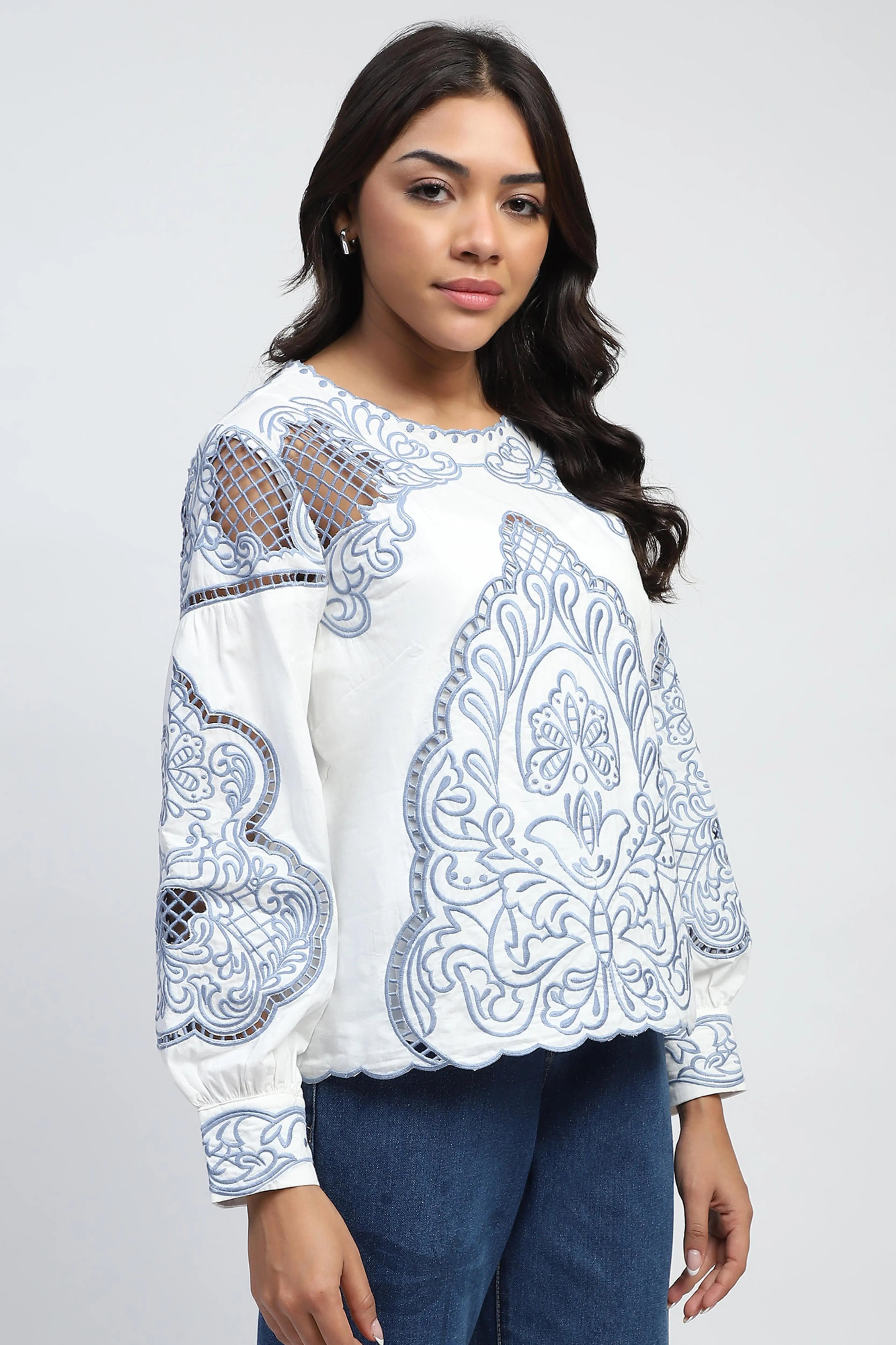 White Cut Work Embroidered Top - Global Republic