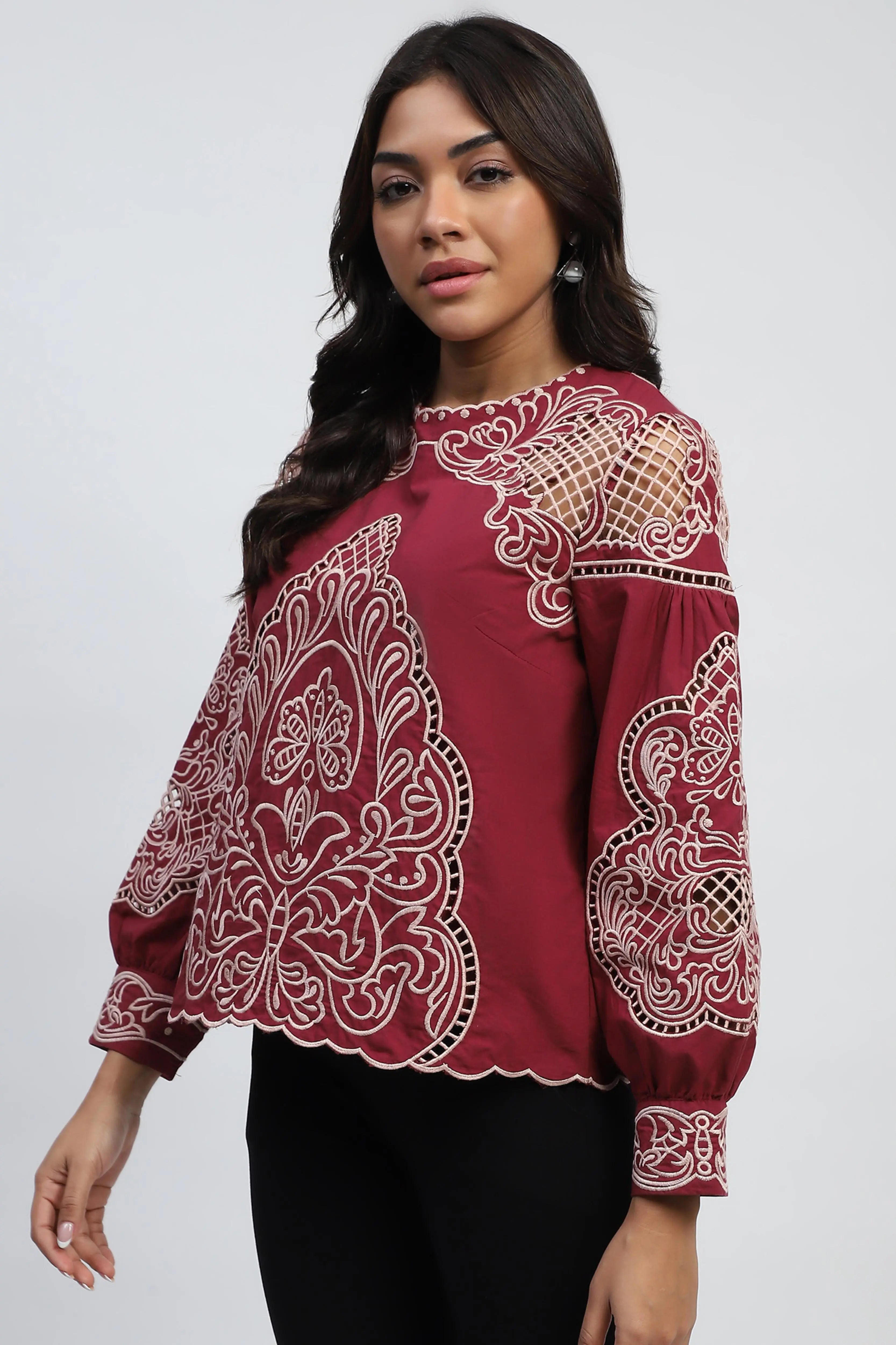 Wine Cut Work Embroidered Top - Global Republic