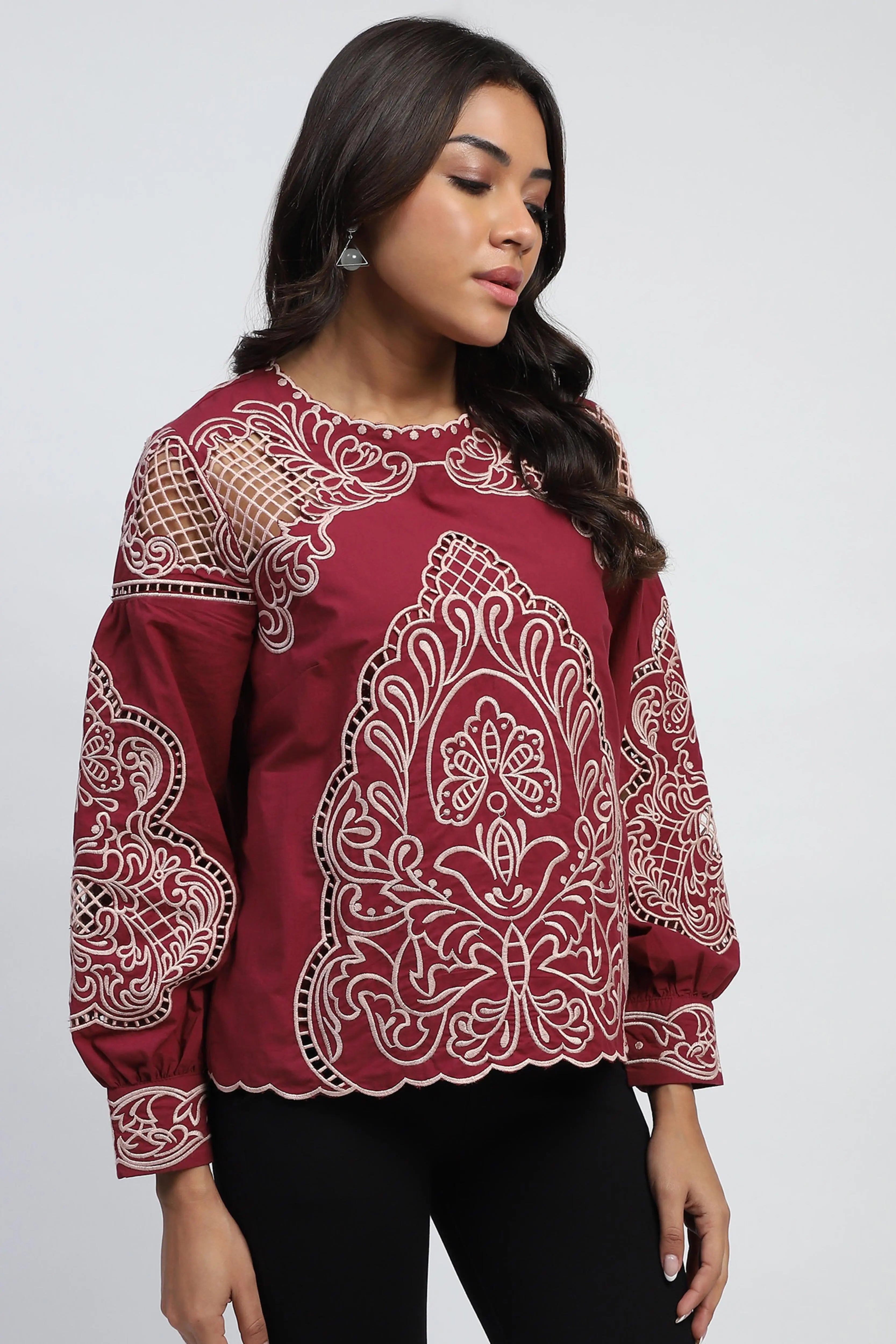 Wine Cut Work Embroidered Top - Global Republic