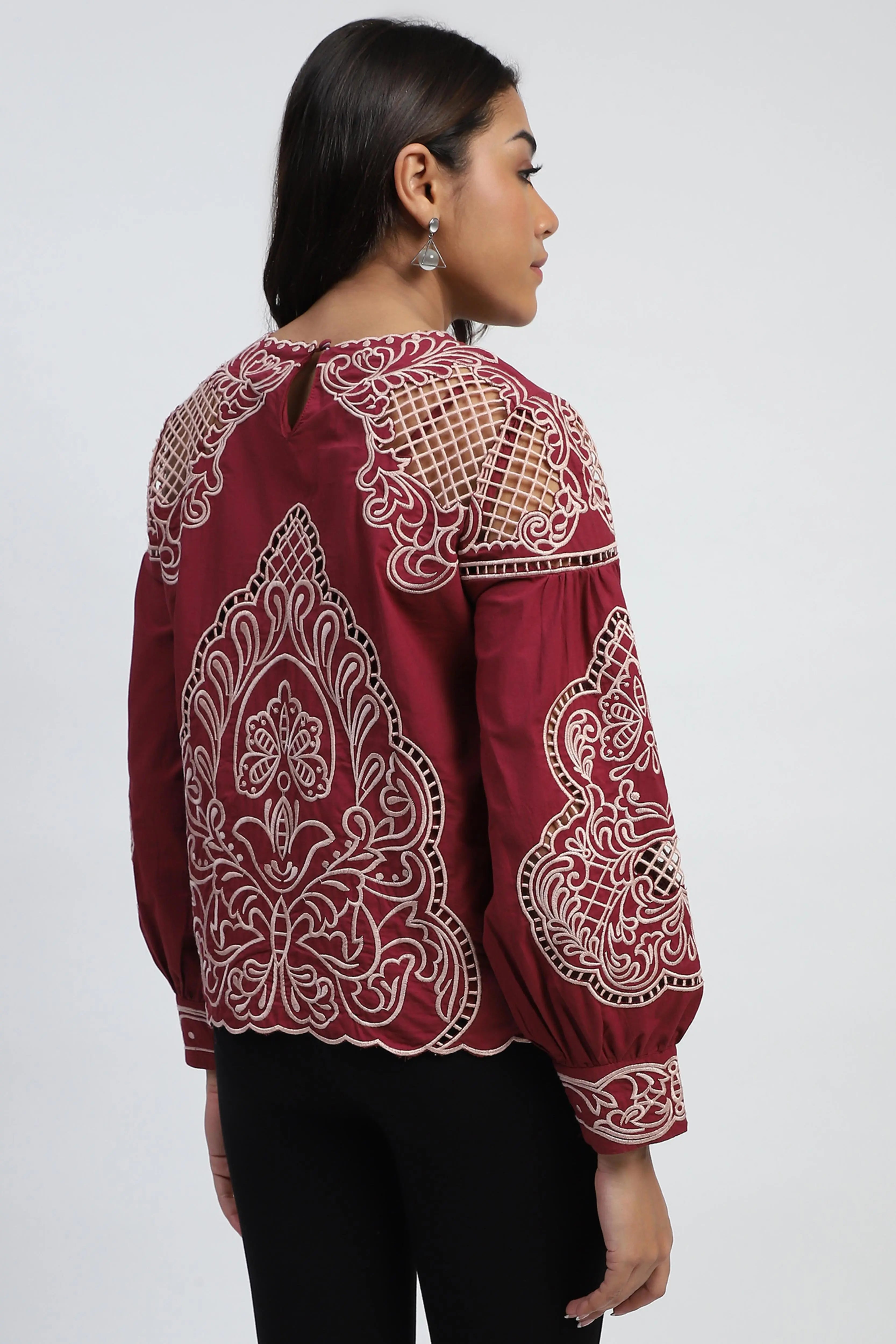 Wine Cut Work Embroidered Top - Global Republic