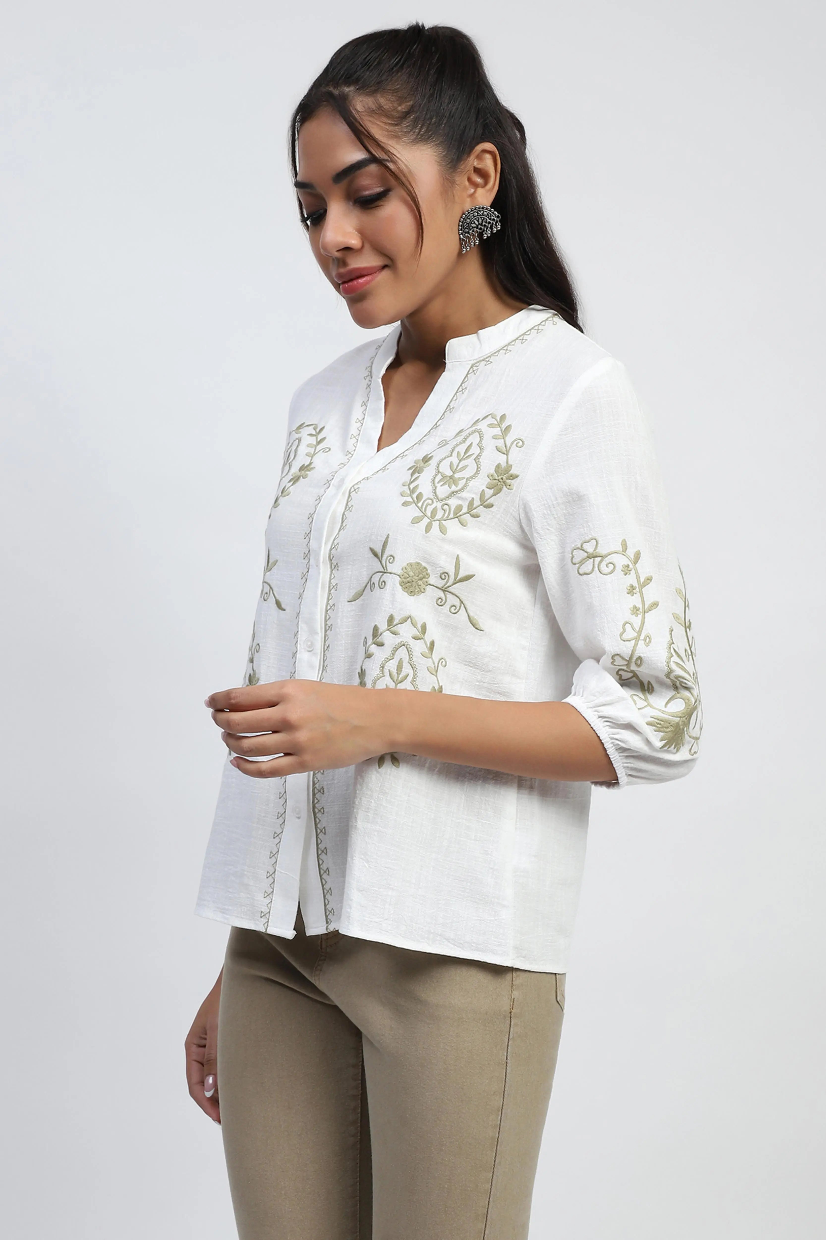 Embroidered Cotton White Shirt - Global Republic