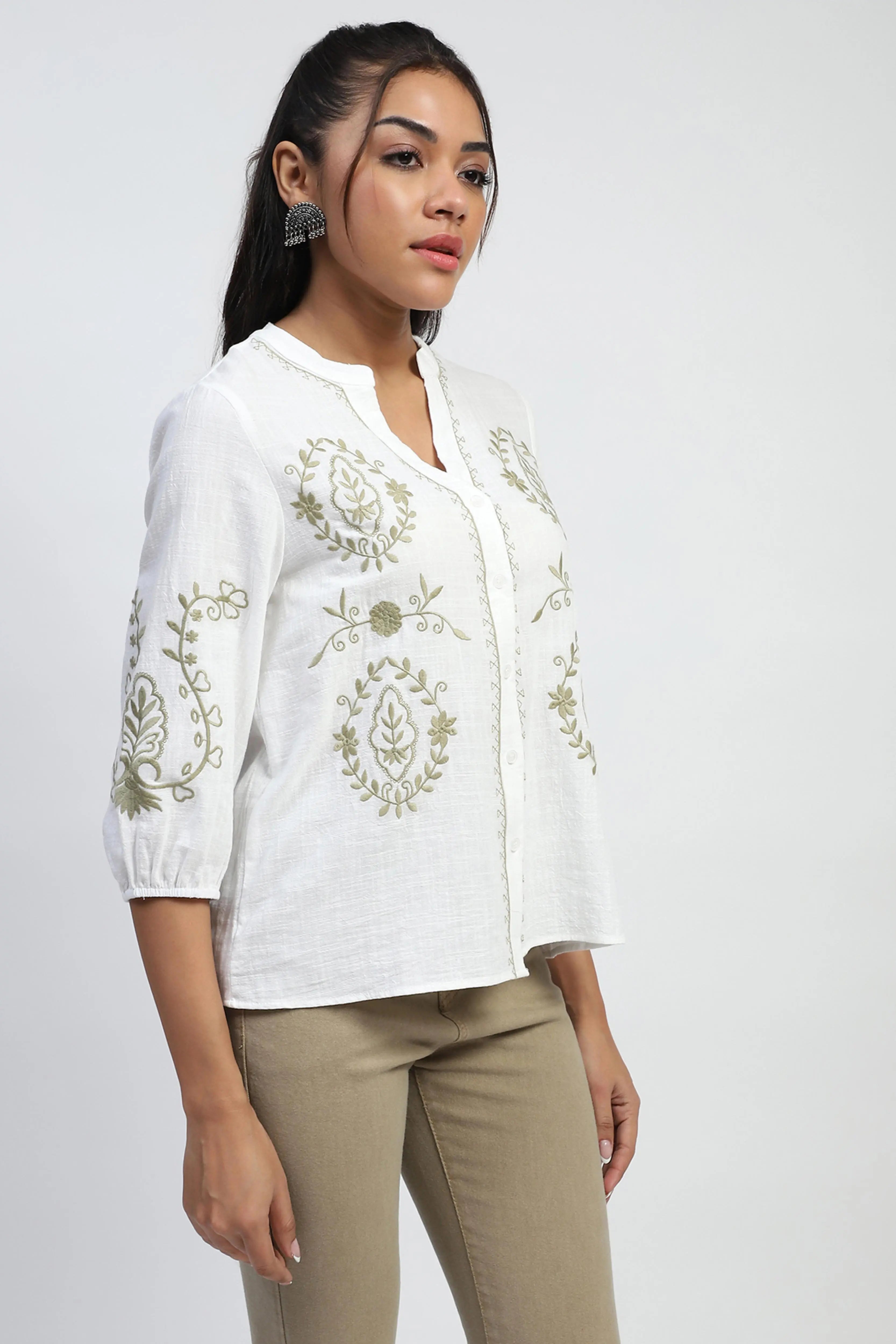 Embroidered Cotton White Shirt - Global Republic
