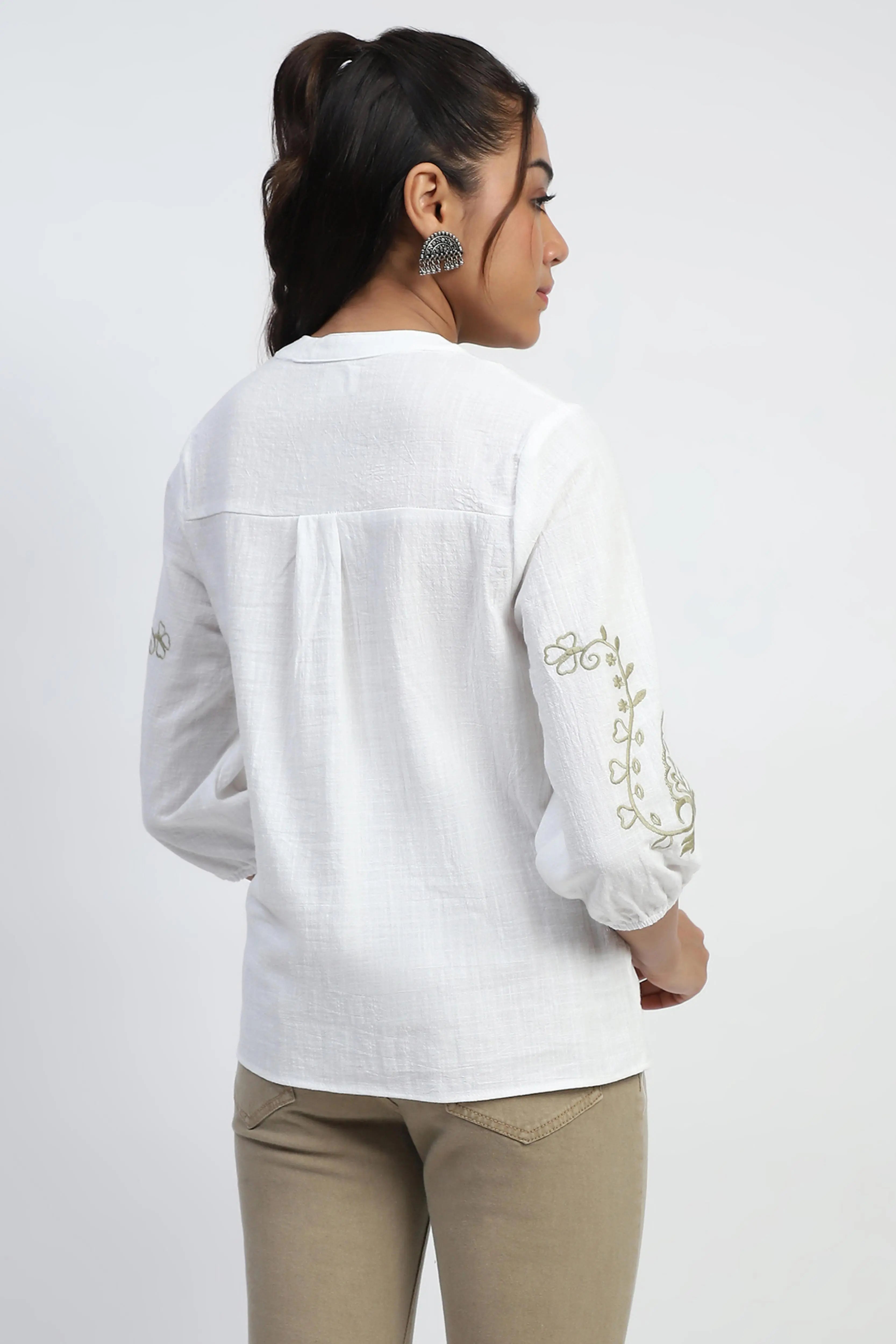 Embroidered Cotton White Shirt - Global Republic