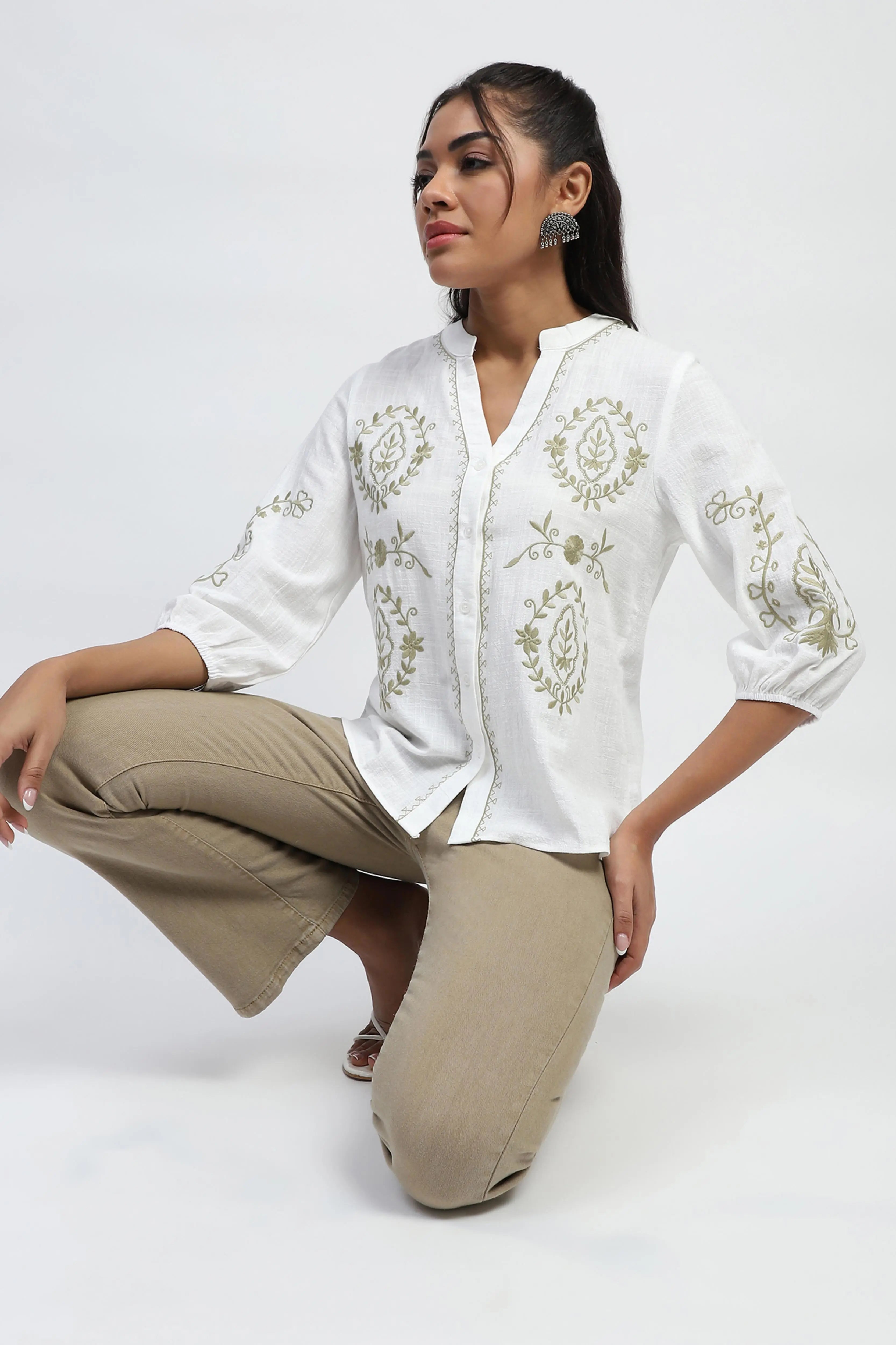Embroidered Cotton White Shirt - Global Republic
