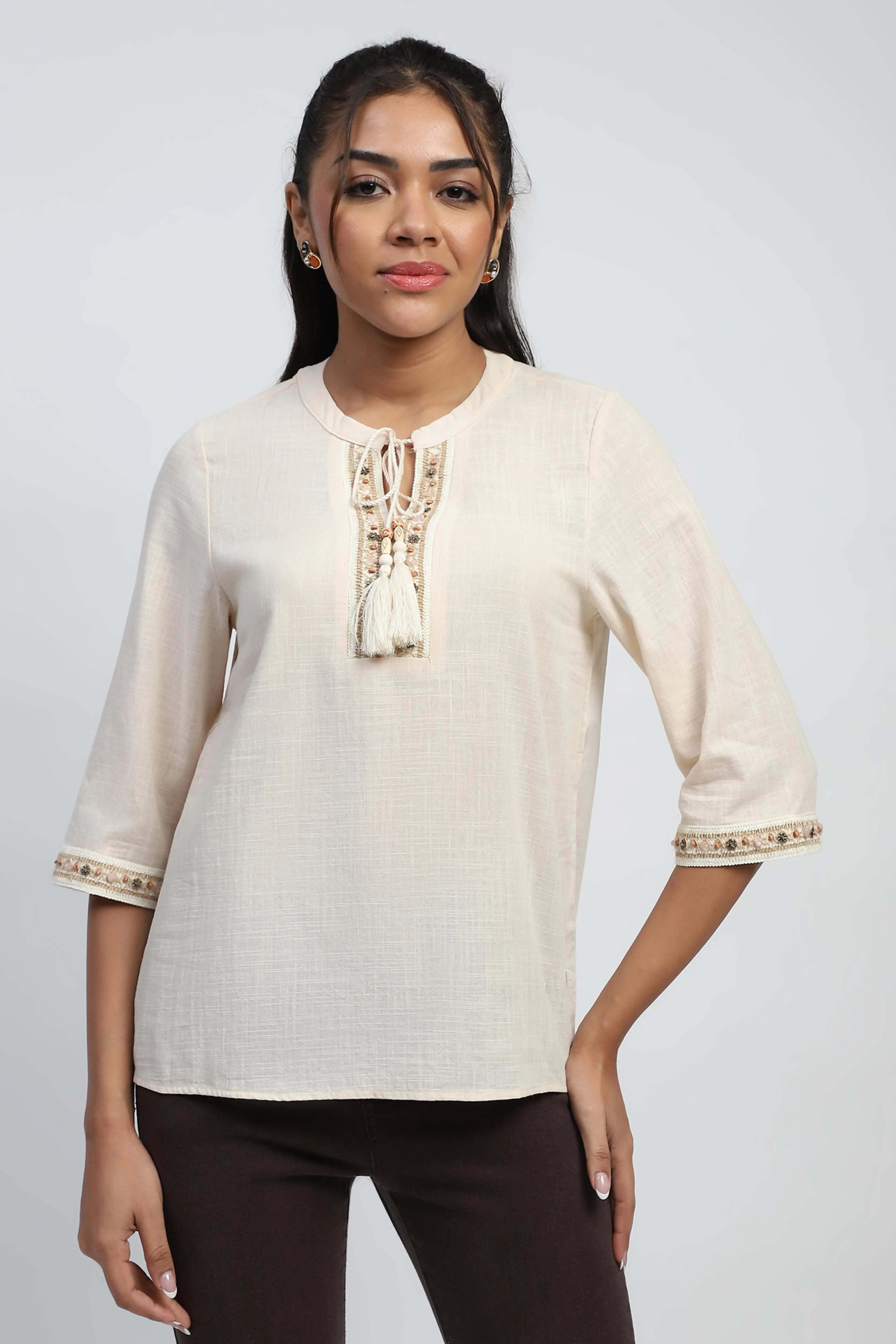 Cream Cotton Embroidered  Top - Global Republic