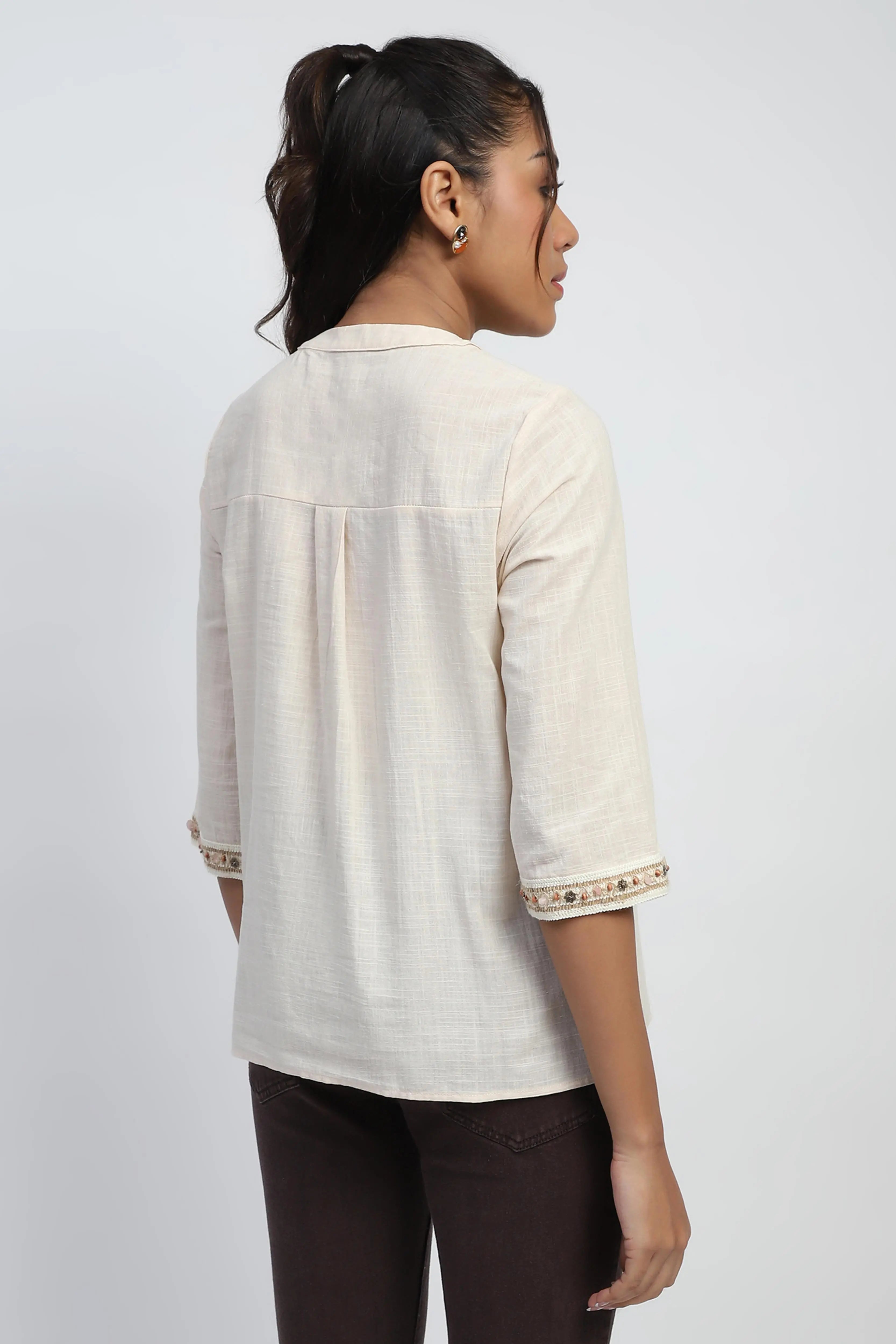 Cream Cotton Embroidered  Top - Global Republic