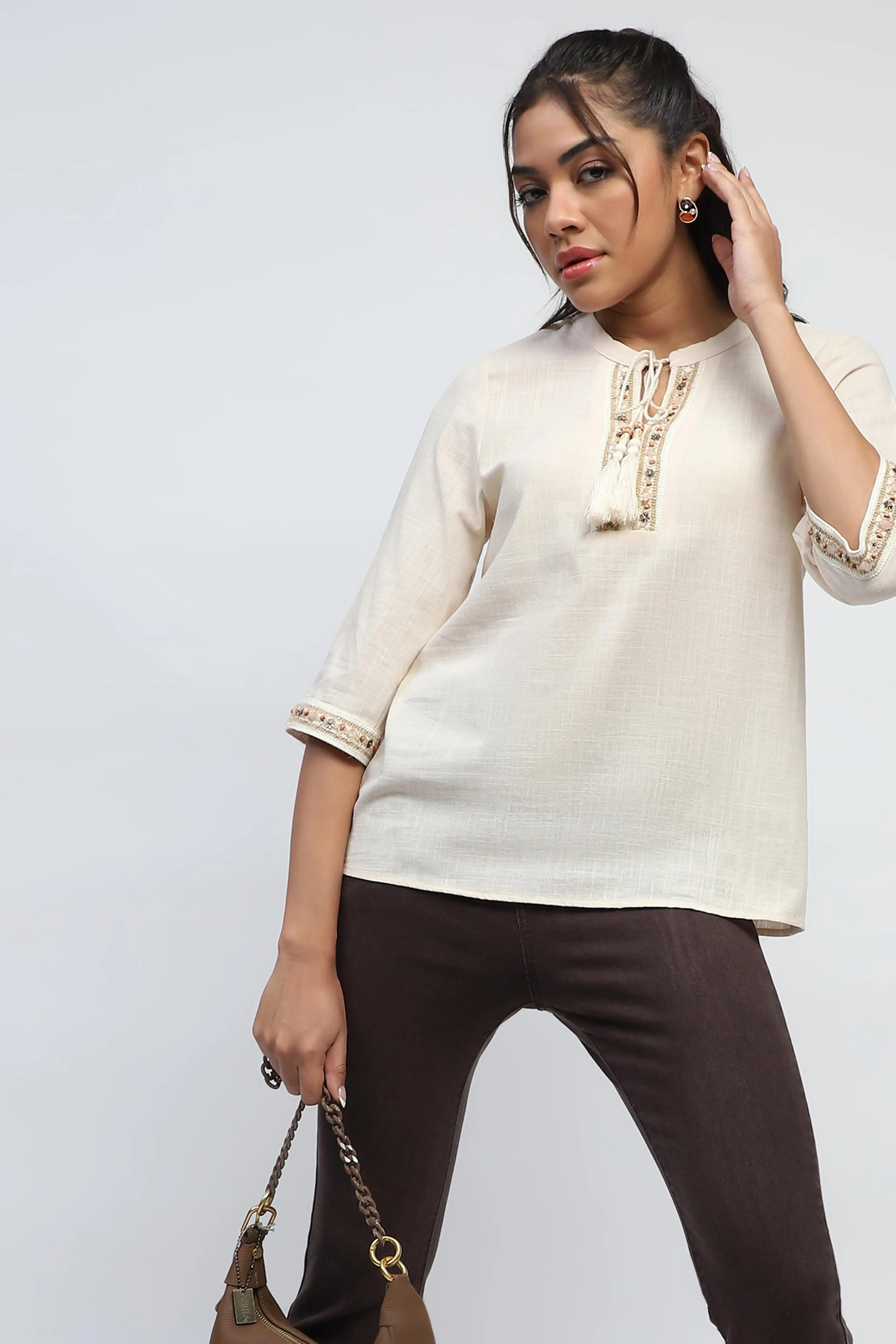 Cream Cotton Embroidered  Top - Global Republic