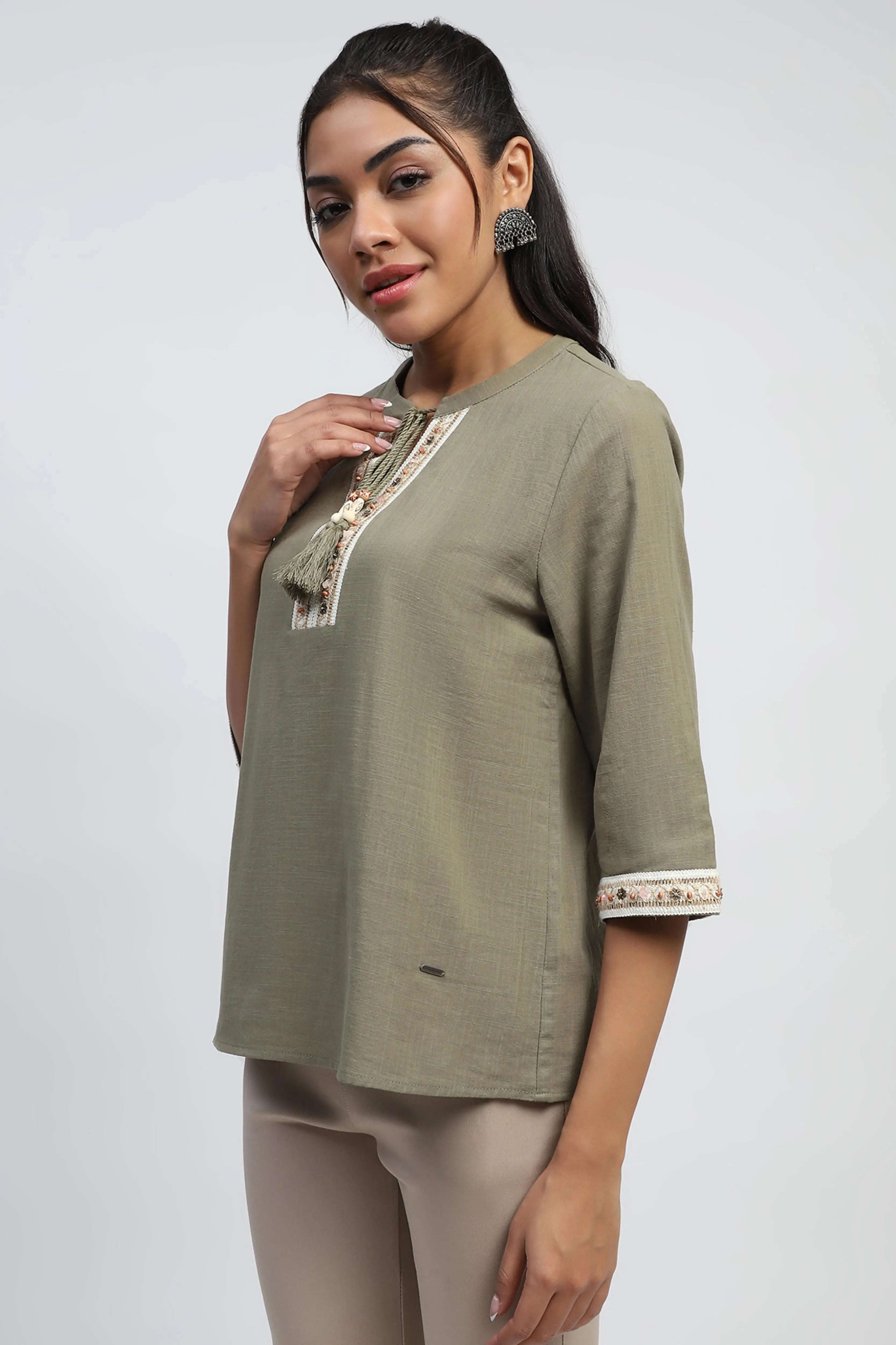 Olive Embroidered Cotton Top - Global Republic